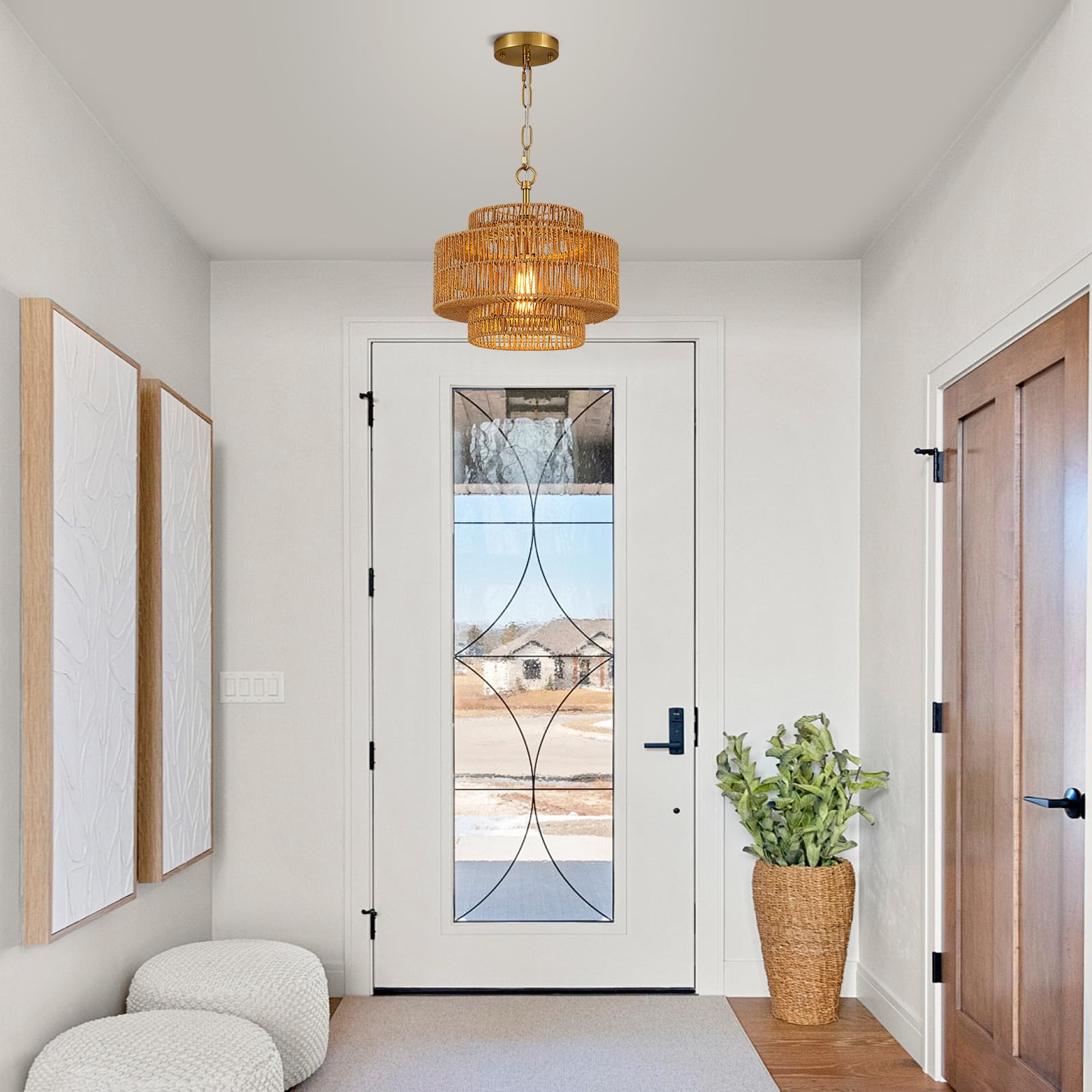 Tunkayli 12.6 Rattan Pendant Light Fixture Vintage Farmhouse Hand-Woven Boho Bamboo Pendant Lighting Mini Drum Wicker Golden Chandelier For Kitchen Island  Bedroom  Dining Room  Entryway  Foyer