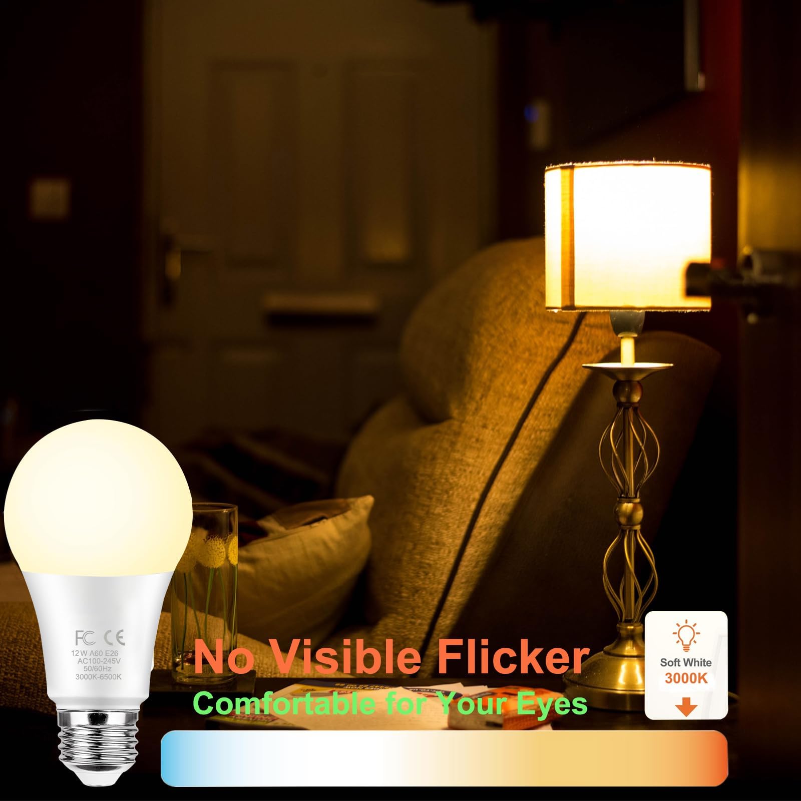 GRV Smart Light Bulb 12W A60, Dimmable 3000-6500K, 1000LM, E26 Base, 2 Bulbs + 1 Remote,