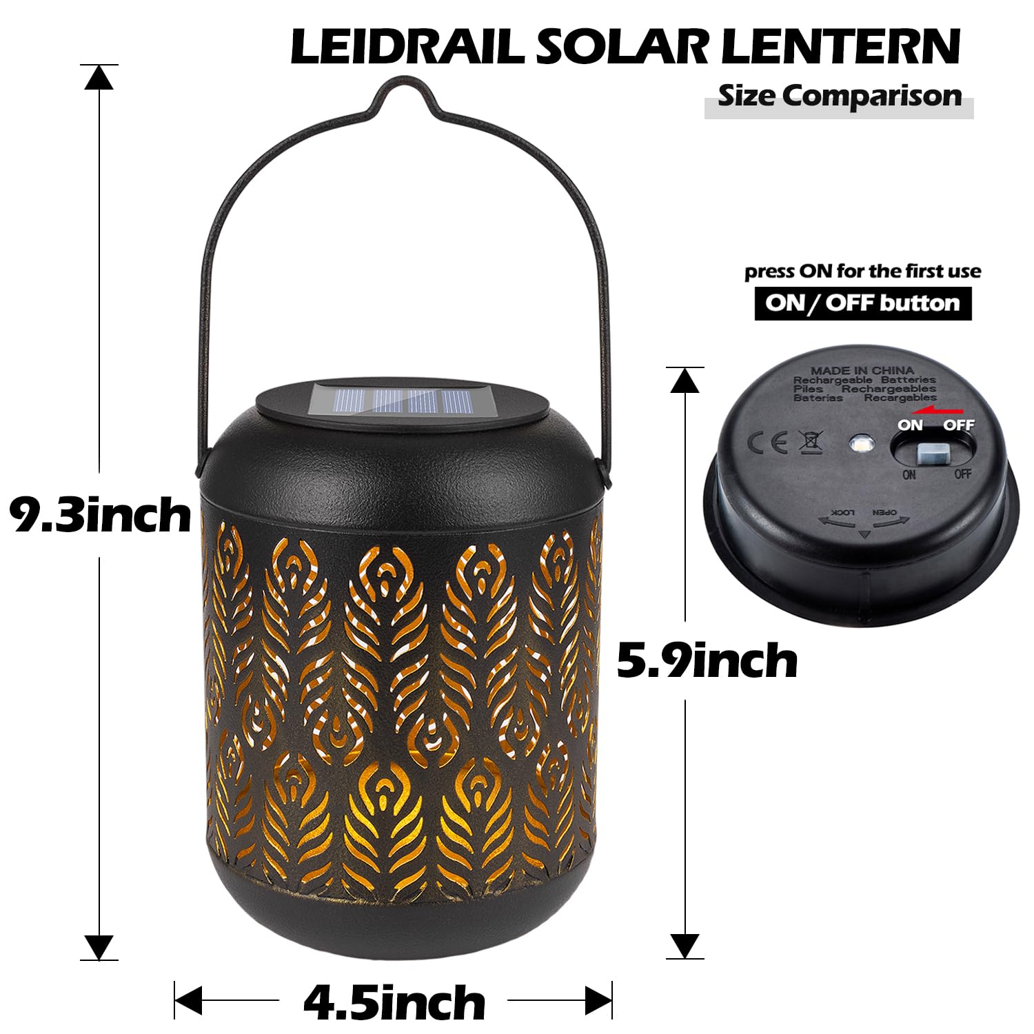 LeiDrail Solar Lanterns, Black Metal Decorative Light, Warm White LED, Waterproof, 2 Pack, Model LD0056