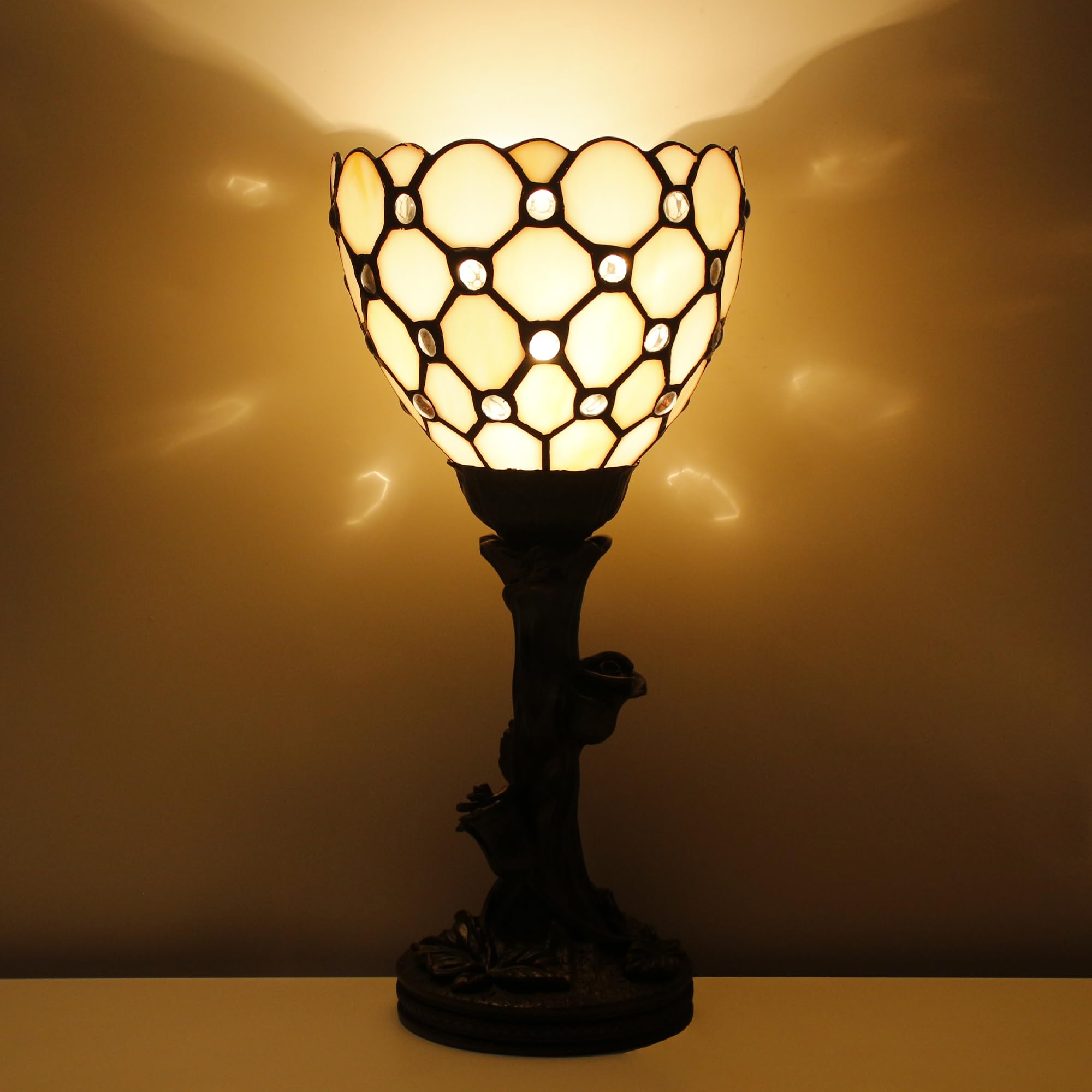 Avivadirect Small Tiffany Lamp Mini Stained Glass Table Lamp Cream Bead Accent Desk Uplight W6 H13.5 Inch Bronze Resin Base