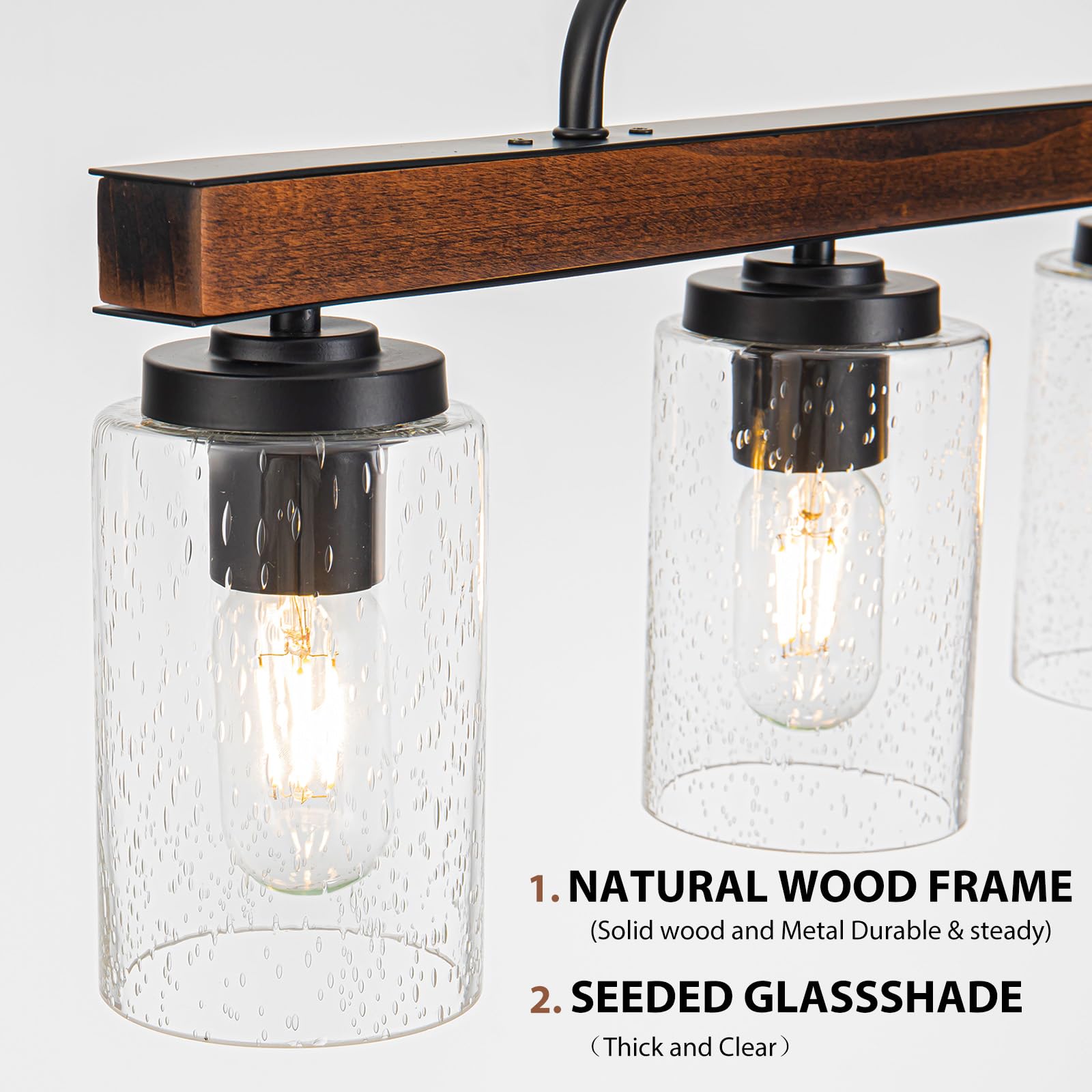 HOGBU Farmhouse 4-Light Wood Pendant Light Fixture, Seeded Glass Shade, Industrial Chandelier for Dining Room, Kitchen Island, Bar