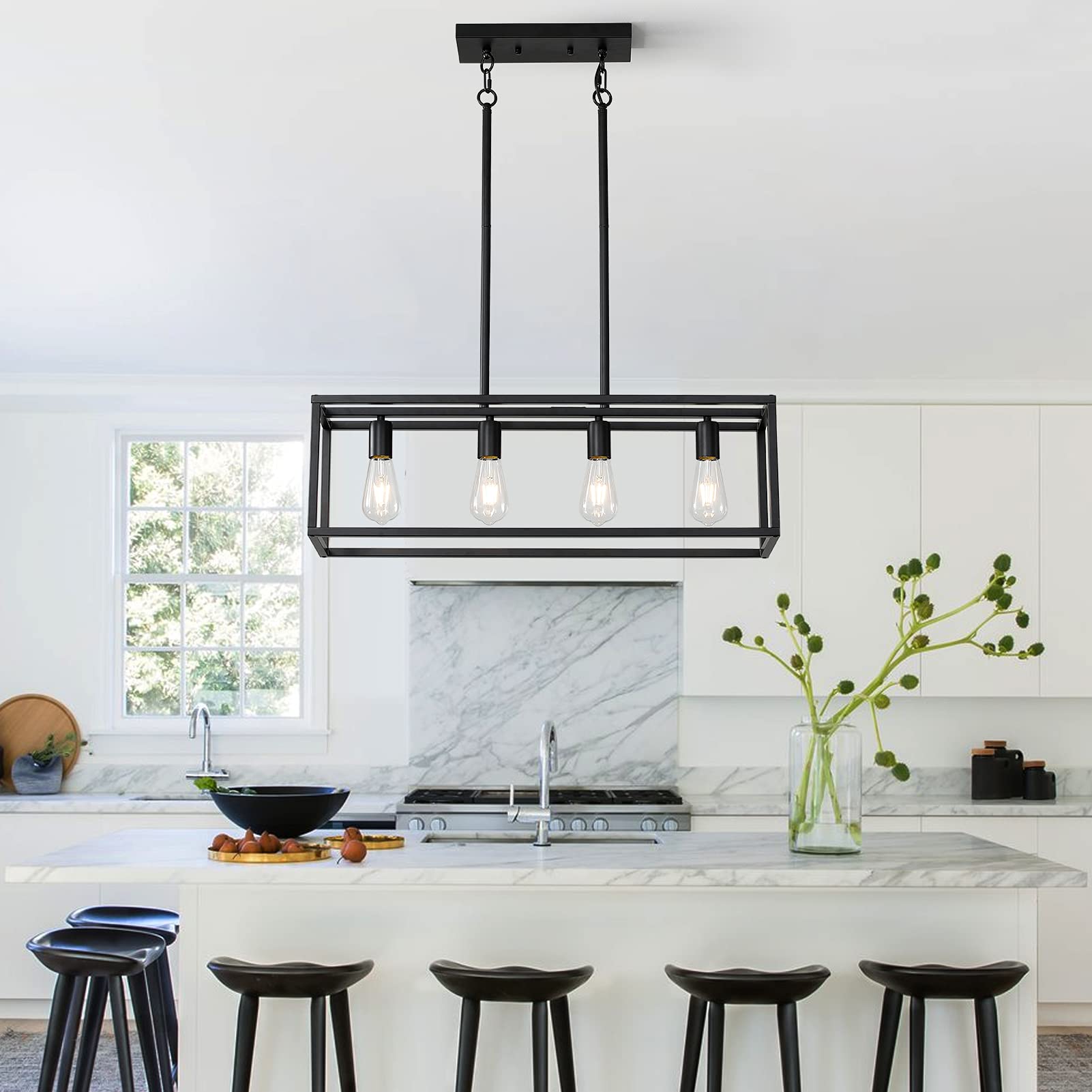 Xislthotsl Black 4-Light Industrial Vintage Chandelier, Modern Linear Rectangular Cage Hanging Light Fixture For Farmhouse Kitchen, Dining Room, Bar, Living Room