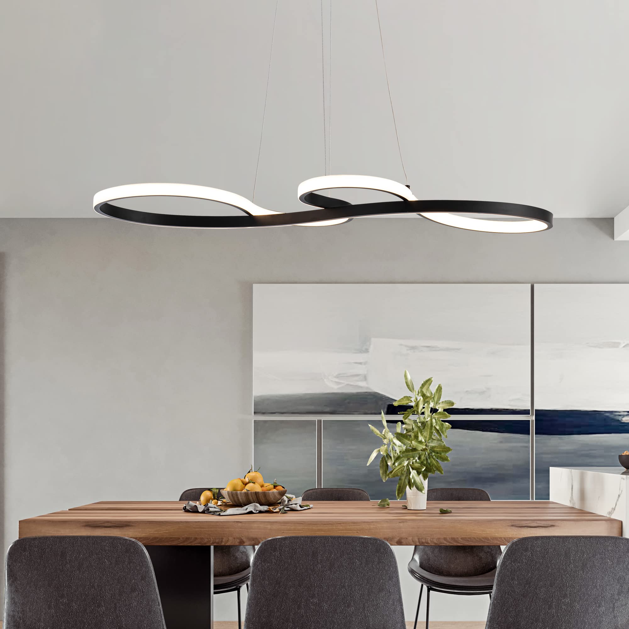 SUNMOO Modern LED Chandelier Pendant Light 50W Dimmable Adjustable 3000-6000K Black, Model PL21-WGDD-60W-26 for Dining Room, Living
