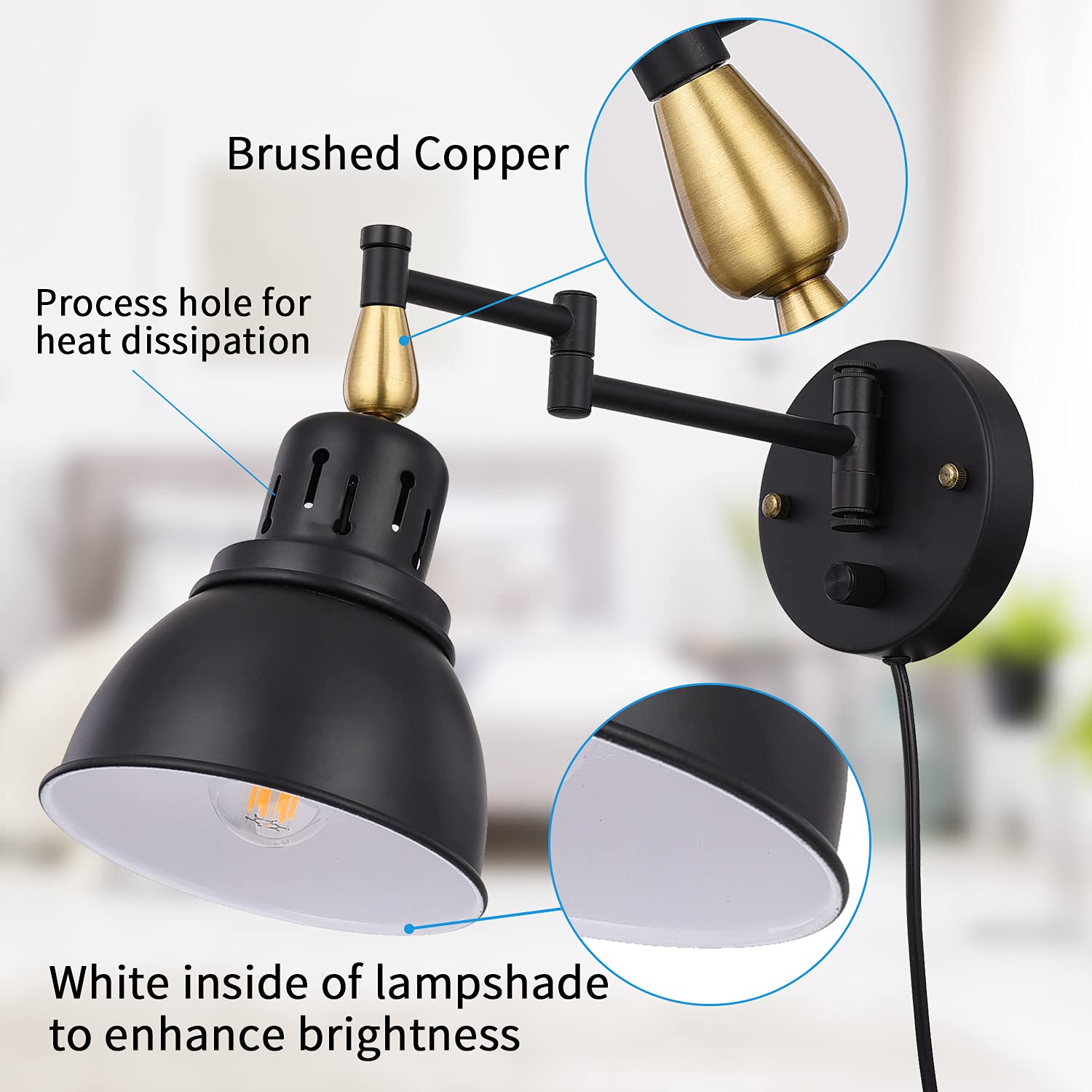 TRLIFE Dimmable Swing Arm Wall Light Sconce, Metal, UL Listed, E26 Base, Black, 1 Pack, Model Arm-Sconce-02
