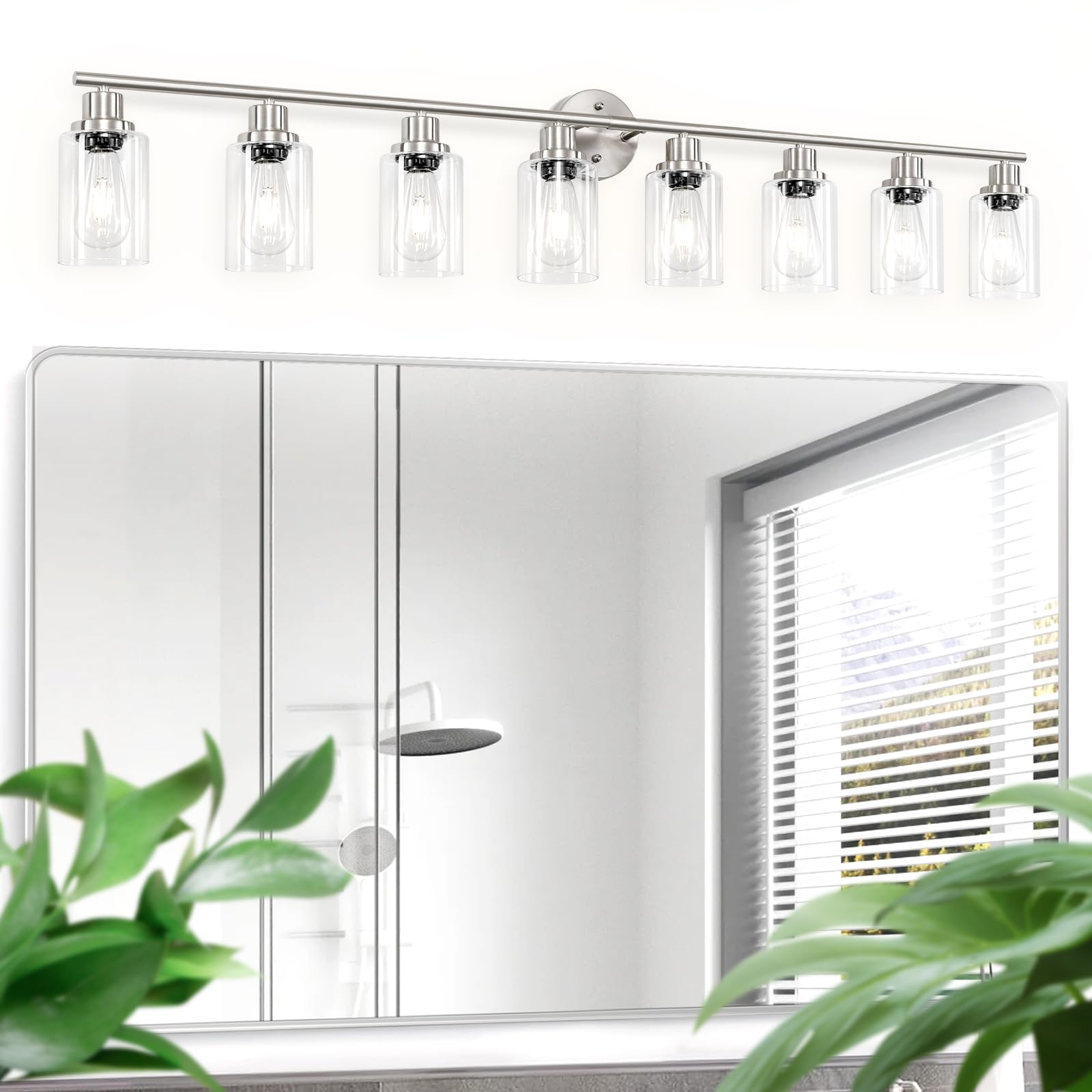 Guliaofo 8-Light Vanity Lights, Modern Brushed Nickel Wall Lamps with Clear Glass Shade, Model Gu-111-QGN-8