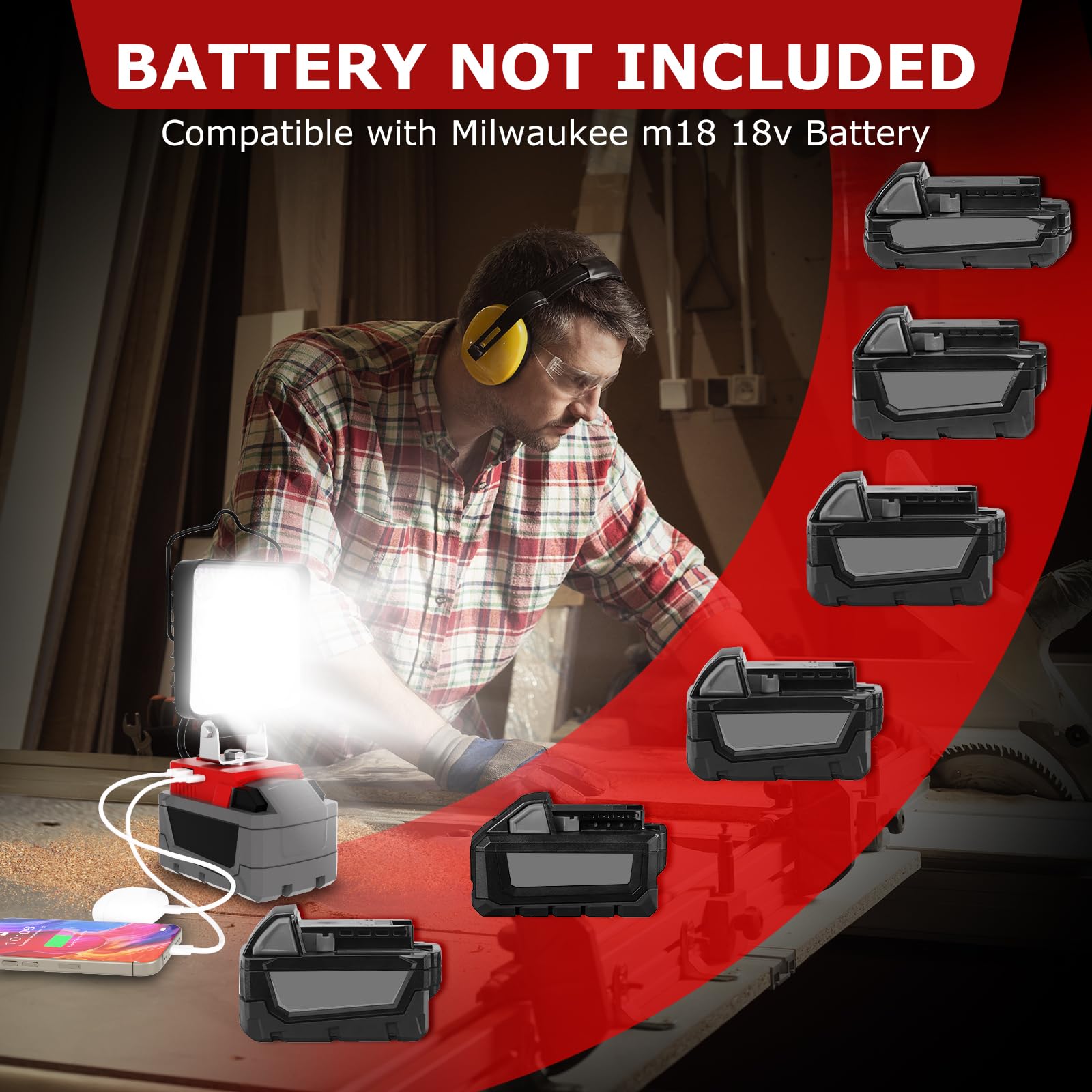 2 Pcs Cordless Led Work Light For Milwaukee M18 18V Battery, 90W 10000Lm Battery Light For Milwaukee 18V Tools, Portable Outdoor