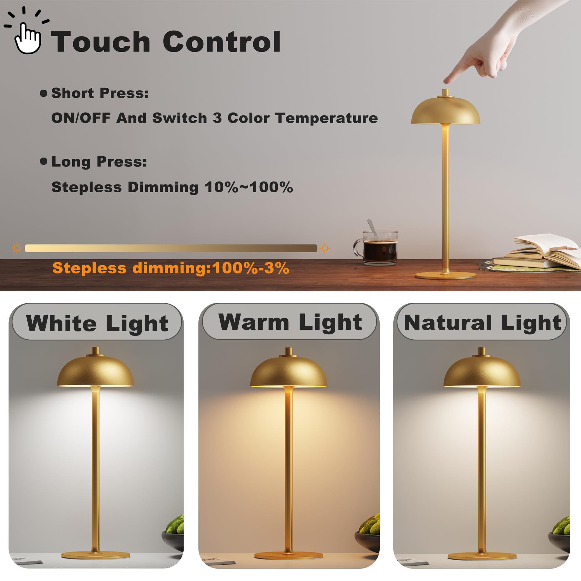 JONEMO Cordless Table Lamp - 5000mAh Rechargeable, 3 Color Modes, Stepless Dimming, Gold - Model MOGU, Perfect for Home, Patio, Restaurant