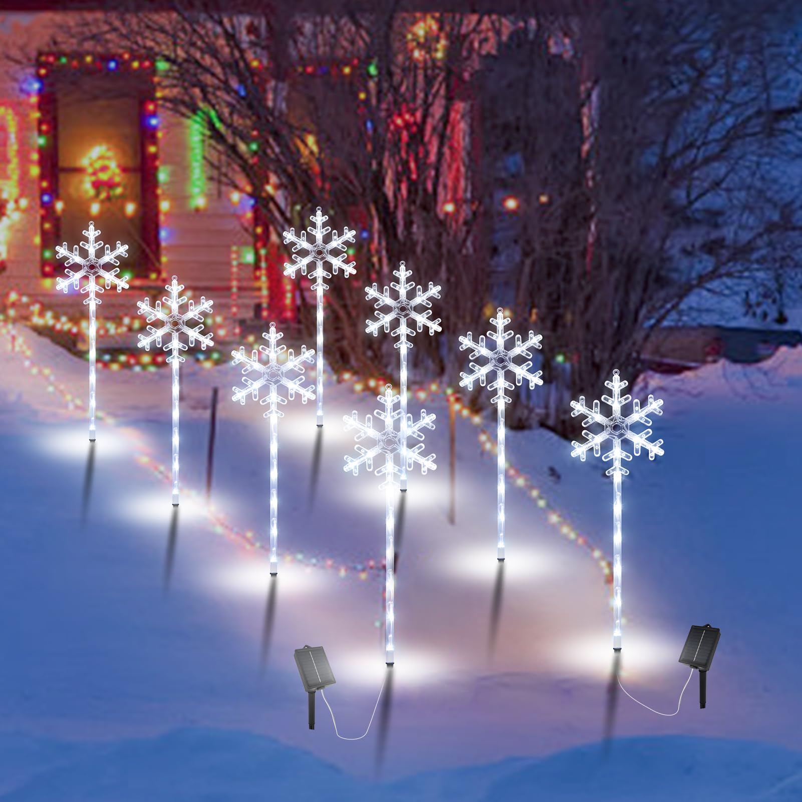 SPRKLINLIN Solar Christmas Pathway Lights, Waterproof Snowflake Design, 8 Pack, White Plastic