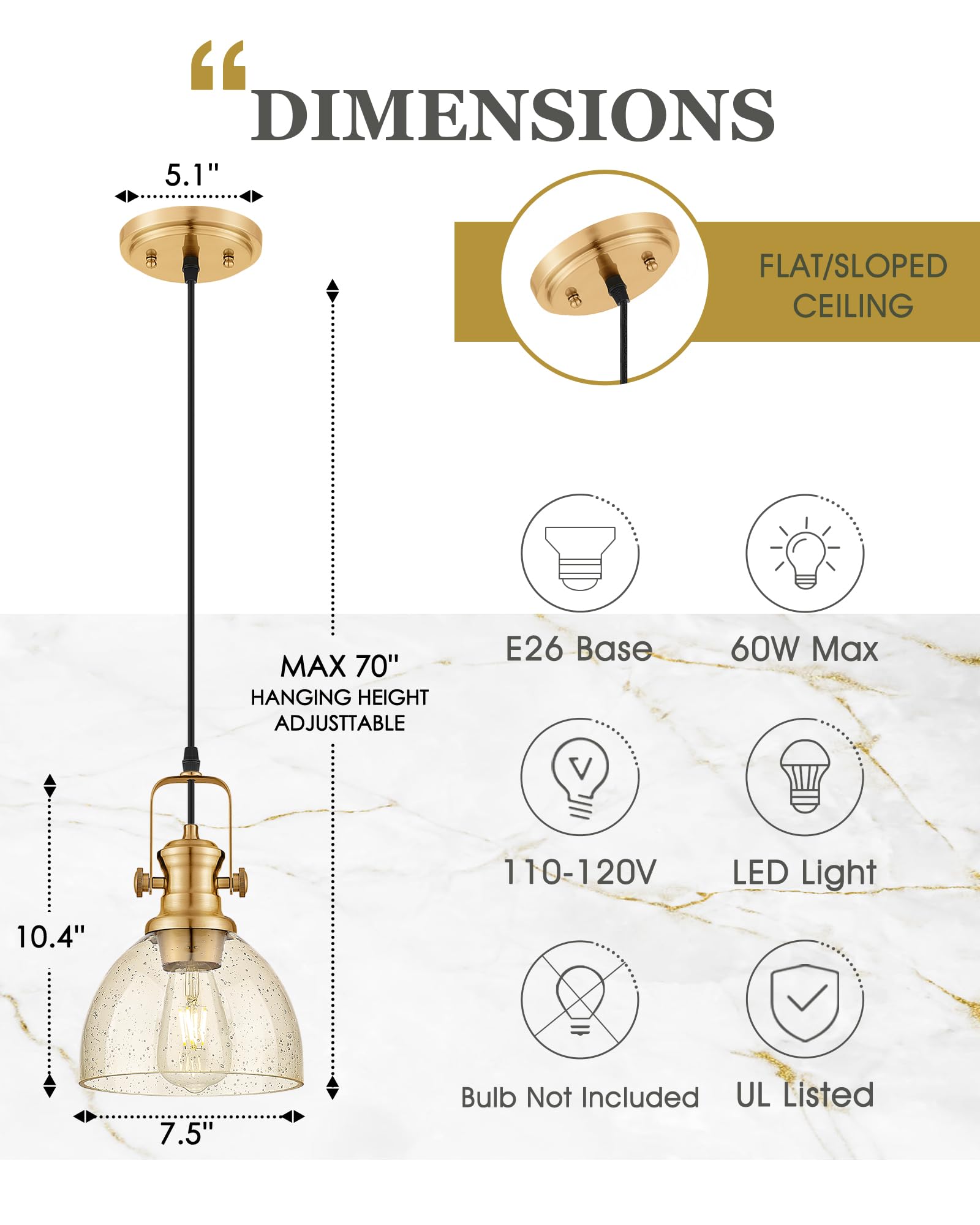 Audickic Pendant Lights Kitchen Island, 7.5" Farmhouse Pendant Lighting With Amber Seeded Glass Shade, Vintage Hanging Light Fixtures For Dining Room, Brushed Gold, Ad-22151-1P-Gd-Or