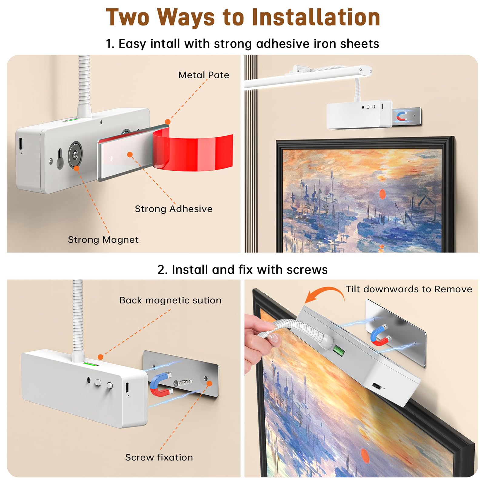 Racokky Picture Light, 15.35inch Wireless Art Light, 5400mAh Battery, Remote, Dimmable, 3 Color, White, Model L300-White