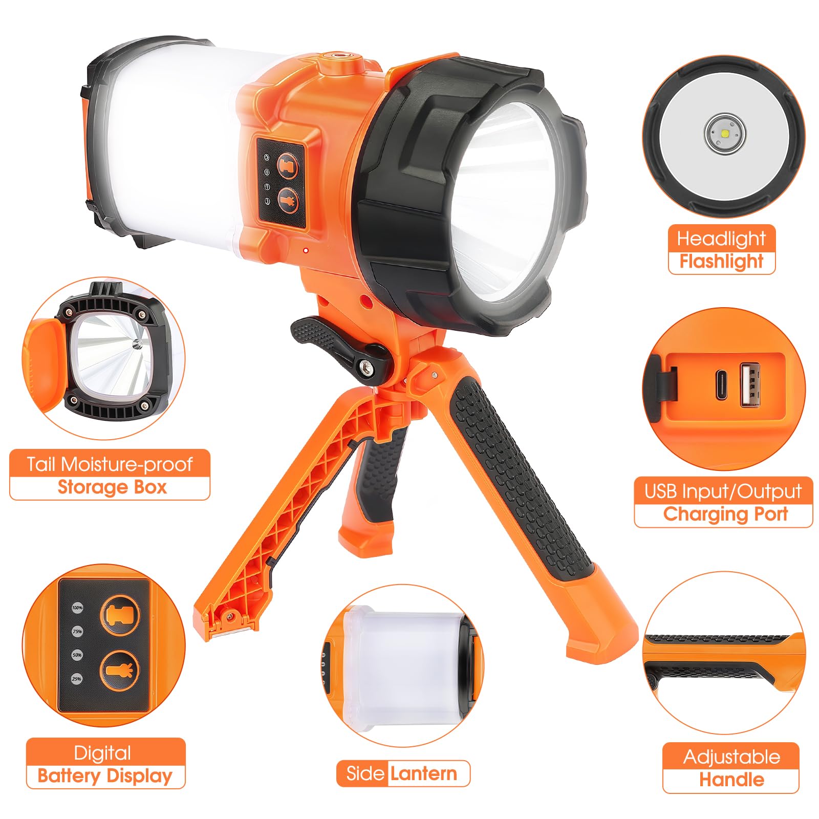 Bobkid Tripod Rechargeable Camping Lantern, 6 Modes Led Flashlight Handheld Spotlight With 4000Lm, 4400Mah Power Bank, Ipx4 Wate