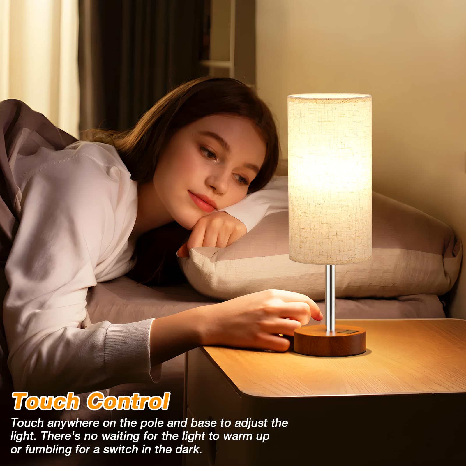 Touch Bedside Table Lamp With Usb - 3 Way Dimmable Redwood Lamps For Bedroom Nightstand, Desk Lamp With Charging Station For Dor
