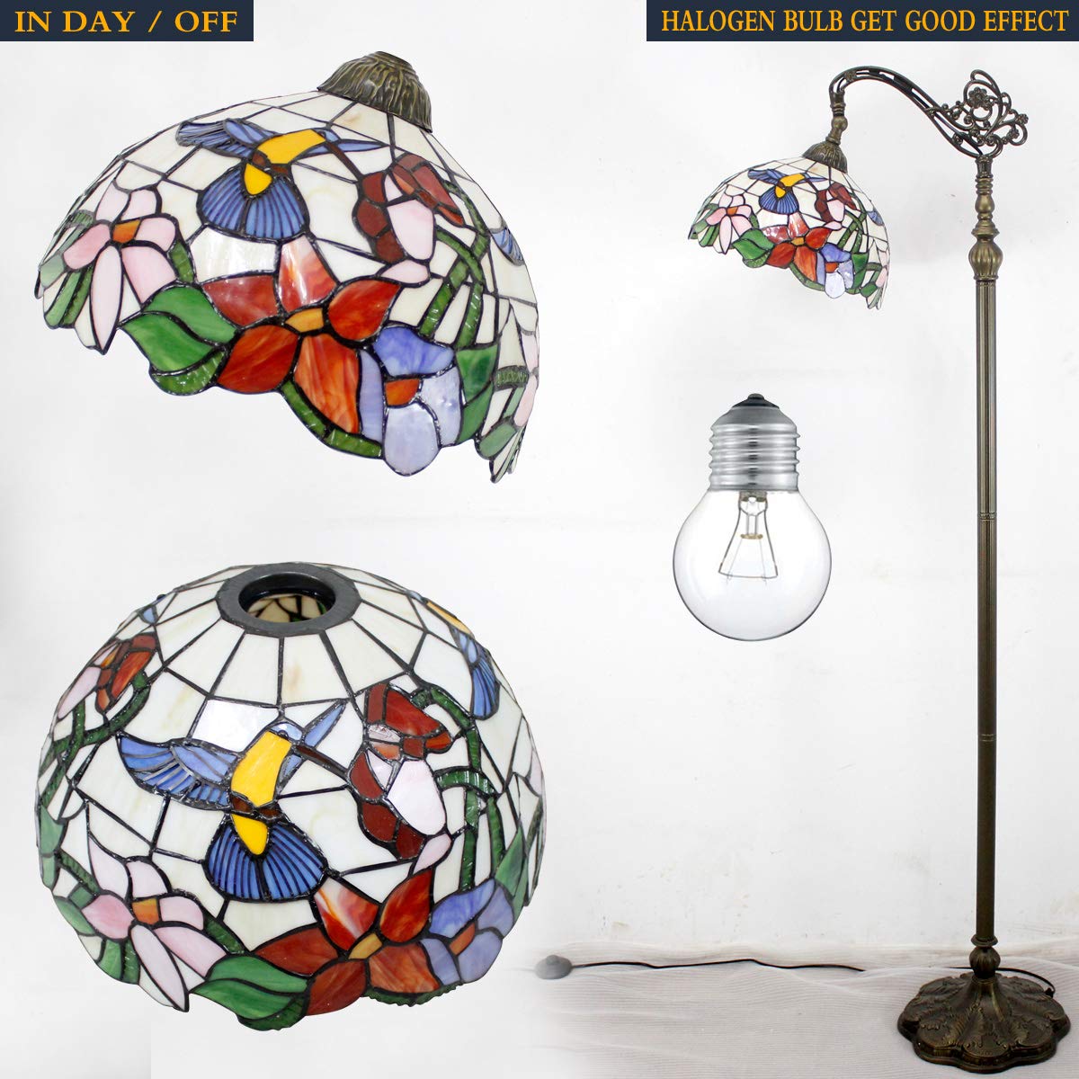 WERFACTORY Tiffany Lamp Shade Replacement, 12x12x6 Inch, Cream Amber Stained Glass, Hummingbird Style S101 Series