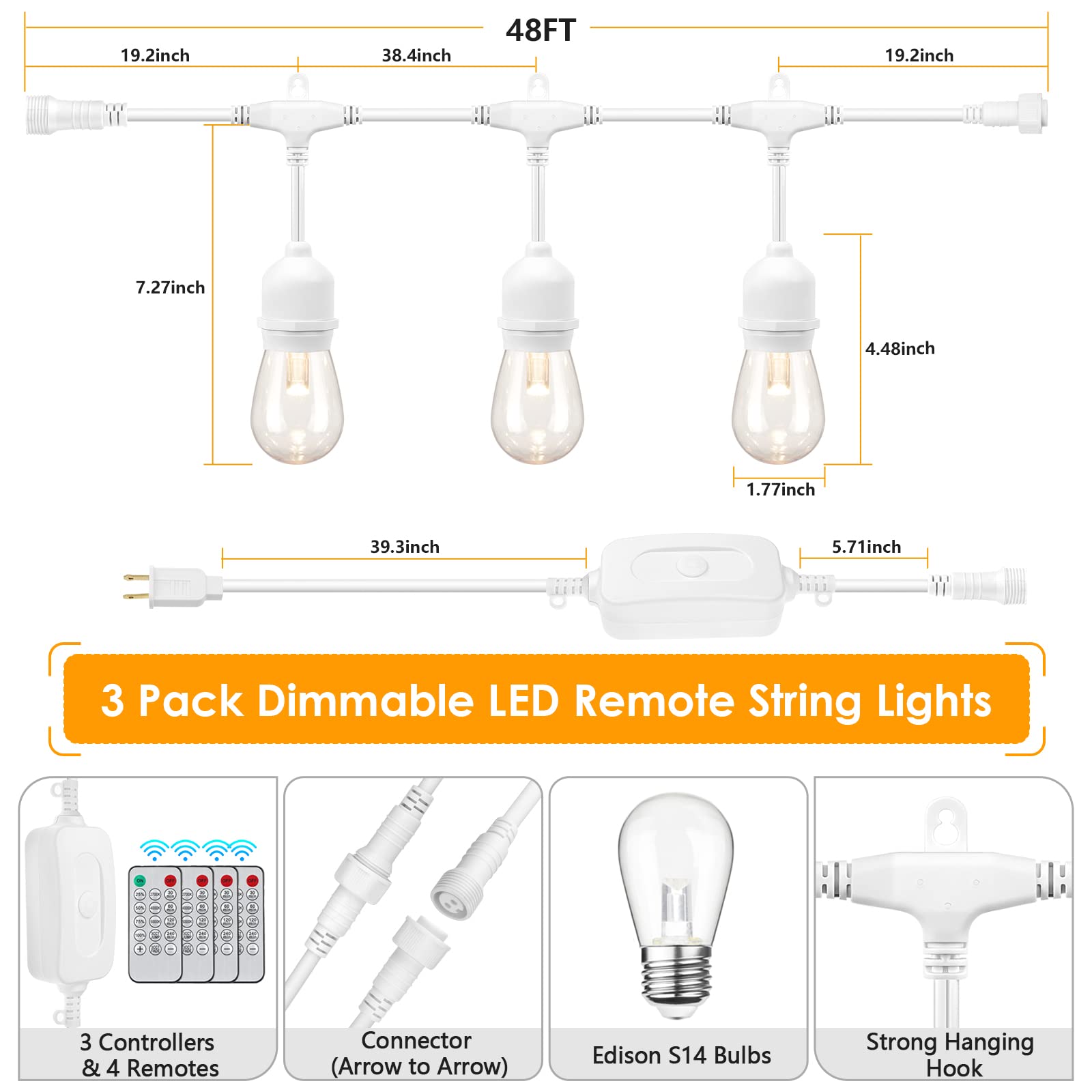 Mlambert 3 Color Outdoor Led Dimmable String Lights With Remote, Plug In 144Ft(3X48Ft) Waterproof Shatterproof Led Light For Pat