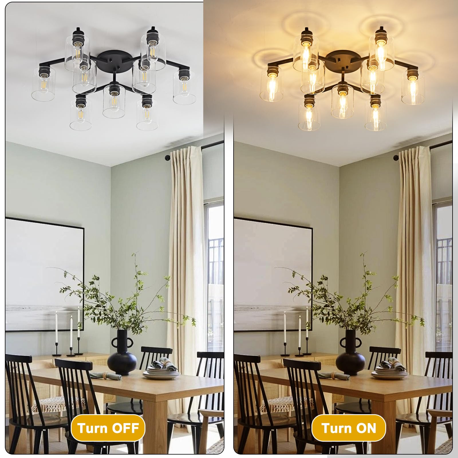 9 Light Kitchen Lighting Fixtures Ceiling Black Semi Flush Mount Ceiling Light Fixture Large Living Room Lighting Cieling Lamps For Dining Room Living Room Light Fixture With Clear Glass Shades