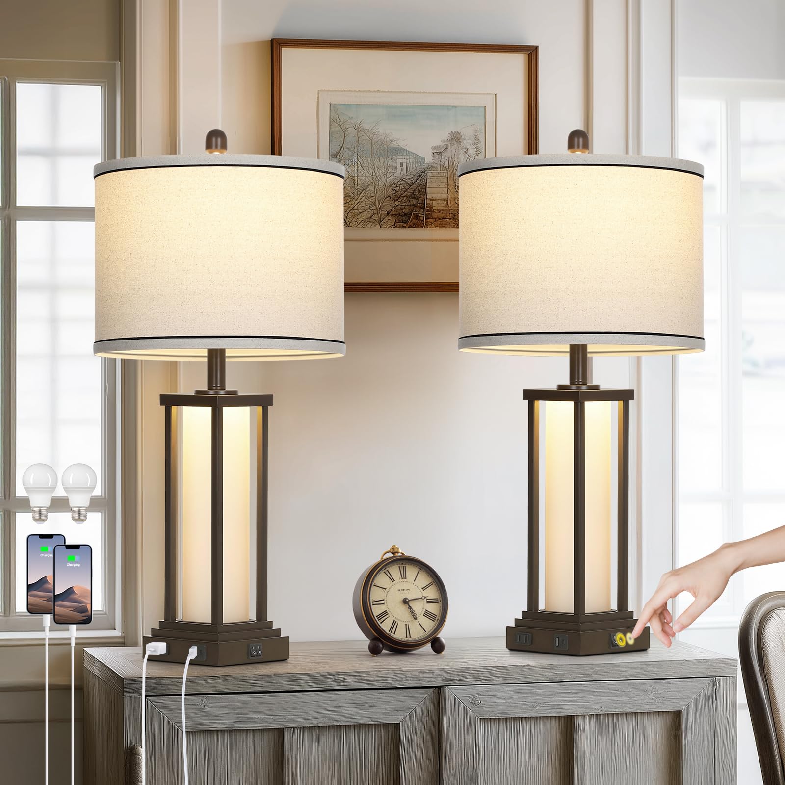 luxeflow 27in Tall Farmhouse Table Lamp Set of 2 with USB C+A & Outlet Brown Industrial End Table Lamp for Living Room Vintage Rustic Bedside Lamps with Night Light for Bedroom Nightstand Brown