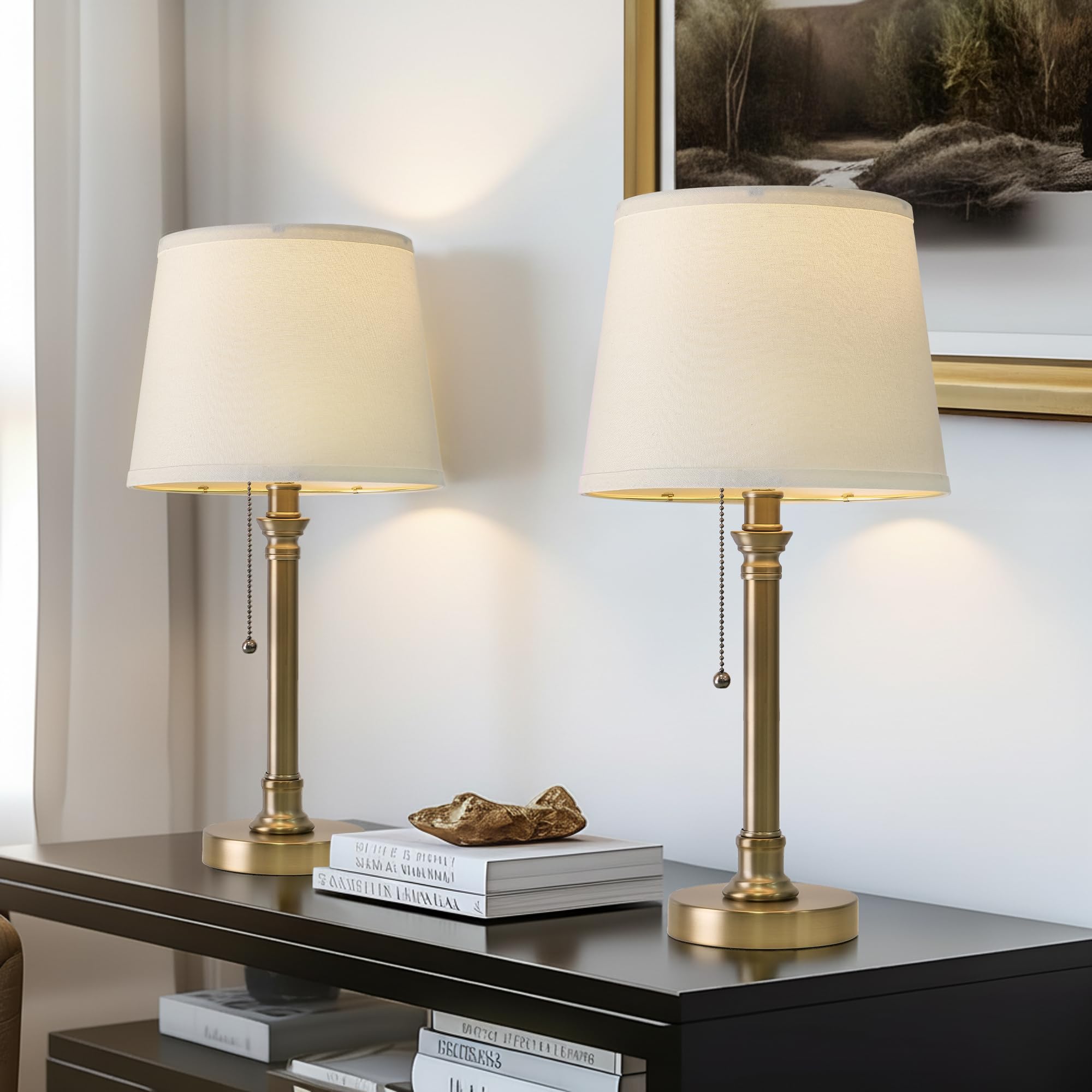 Oneach 19.5  Warm Gold Table Lamps Set of 2  Pull Chain Switch Bedside Table Lamps  Modern Nightstand Lamp with Linen Shade  Small Desk Lamp for Living Room  Bedroom  Home Office  Nursery
