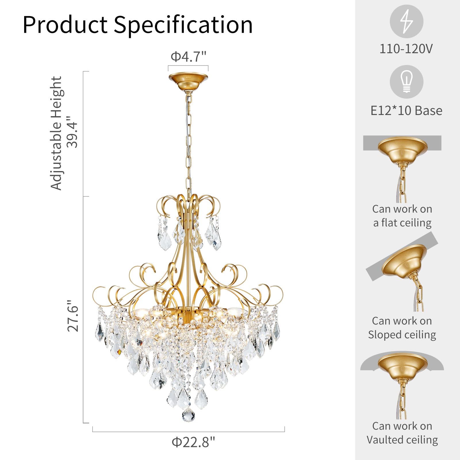 WUZUPS 10-Light Crystal Chandelier Pendant Light, 27.6" High, Gold, E12 Base, Modern Fixture for Dining Room, Kitchen, Hallway