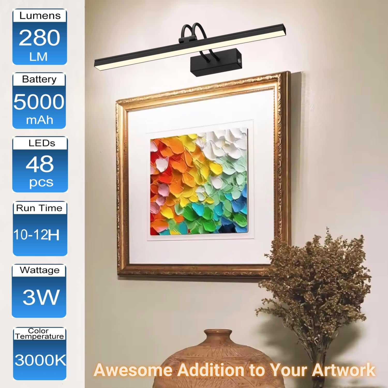 Funchday Picture Light, Wireless Rechargeable Gallery Light With Remote, 280Lm Dimmable Painting Art Lighting Battery Operated,