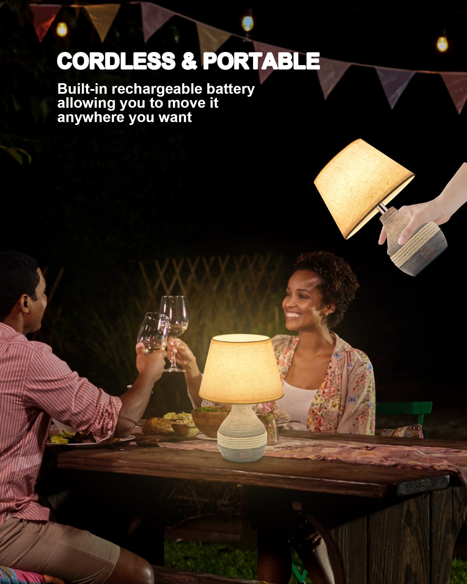 Umexus Cordless Table Lamp With Timer, Dimmer, Linen Shade, Remote Control, Small Battery Light Rechargeable, Mid Century Modern