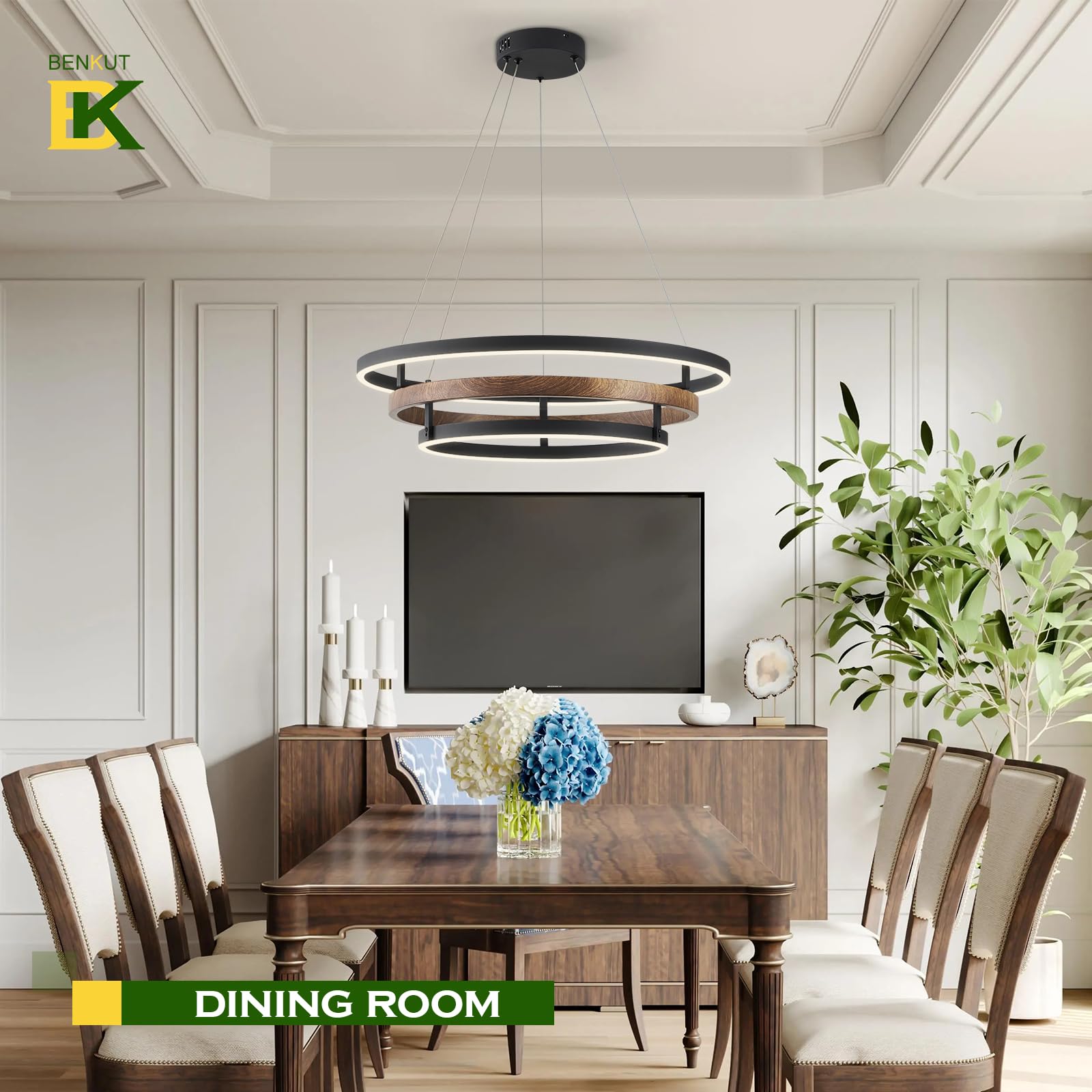 Benkut Modern LED Chandelier, Dimmable 3 Ring Pendant Light, 23.6 in, Wood Grain Black, Remote Control, High Ceiling for Dining Room & Kitchen