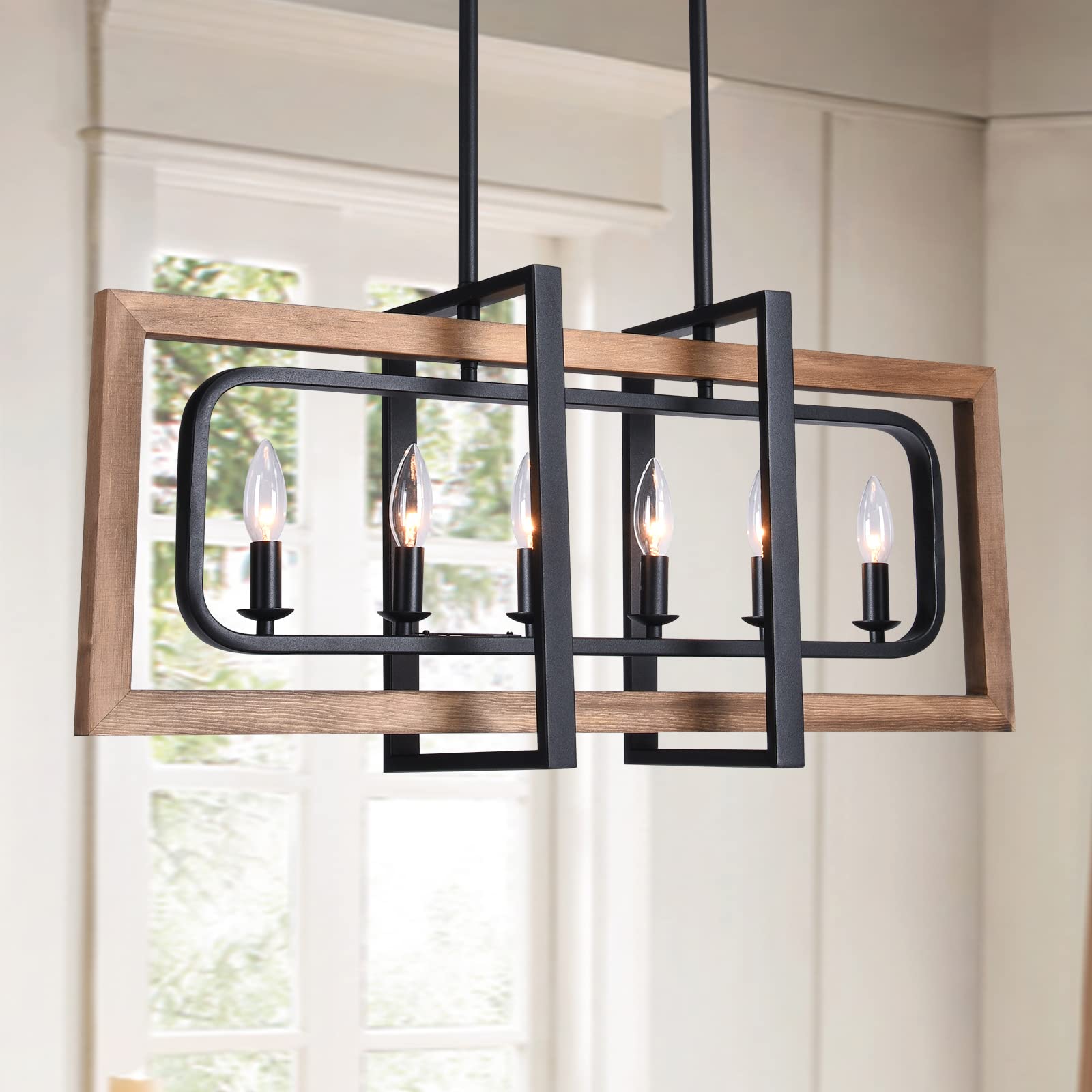 Lingkai Farmhouse Chandelier Pendant Light Fixture, 6-Light, Wood-6Light, Industrial Design for Kitchen Island or Dining Room