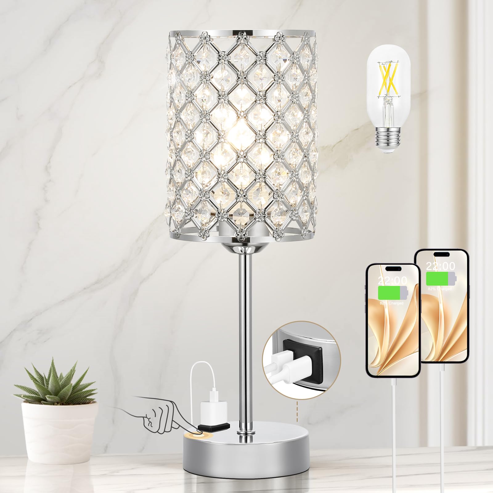 Hong-in Crystal Table Lamp, Crystal Lamp Touch Control with USB-C USB-A Charging Ports & AC Outlets, 3 Way Dimmable Bedside Lamp