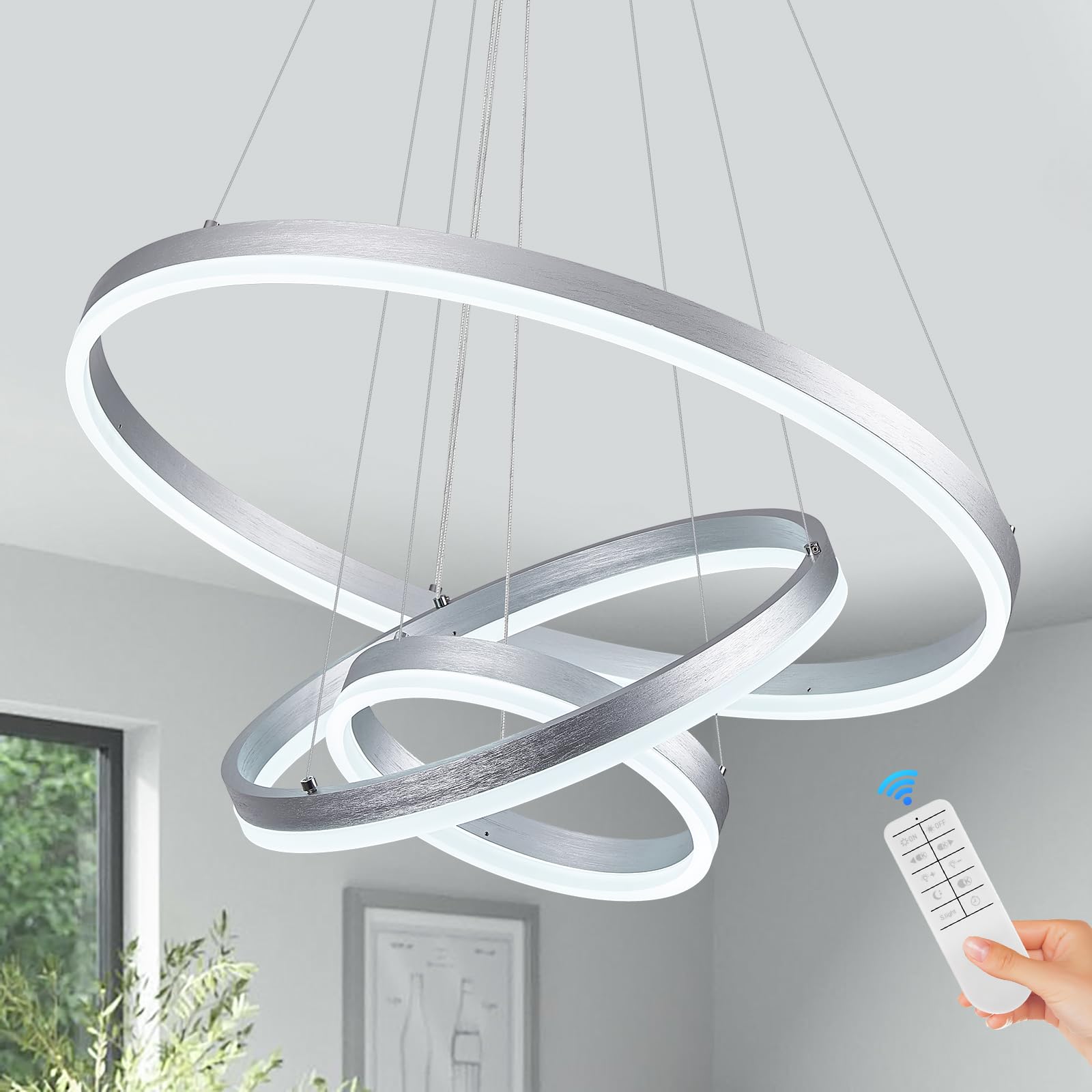 Benkut 3-Rings D23.6 Modern Led Chandelier Silver Dimmable Pendant Lighting With Remote Control Circular Flush Mount High Ceiling Light For Dining Room Living Room Bedroom Entrance Foyer, 3000K-6500K