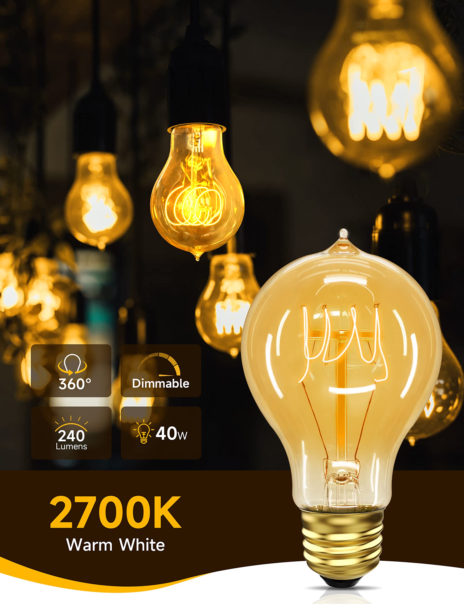 Unilamp Edison Bulbs 40W, Vintage A19 Antique Incandescent Light, E26 Dimmable Decorative, Warm White 2700K, 110-130V, 6 Pack