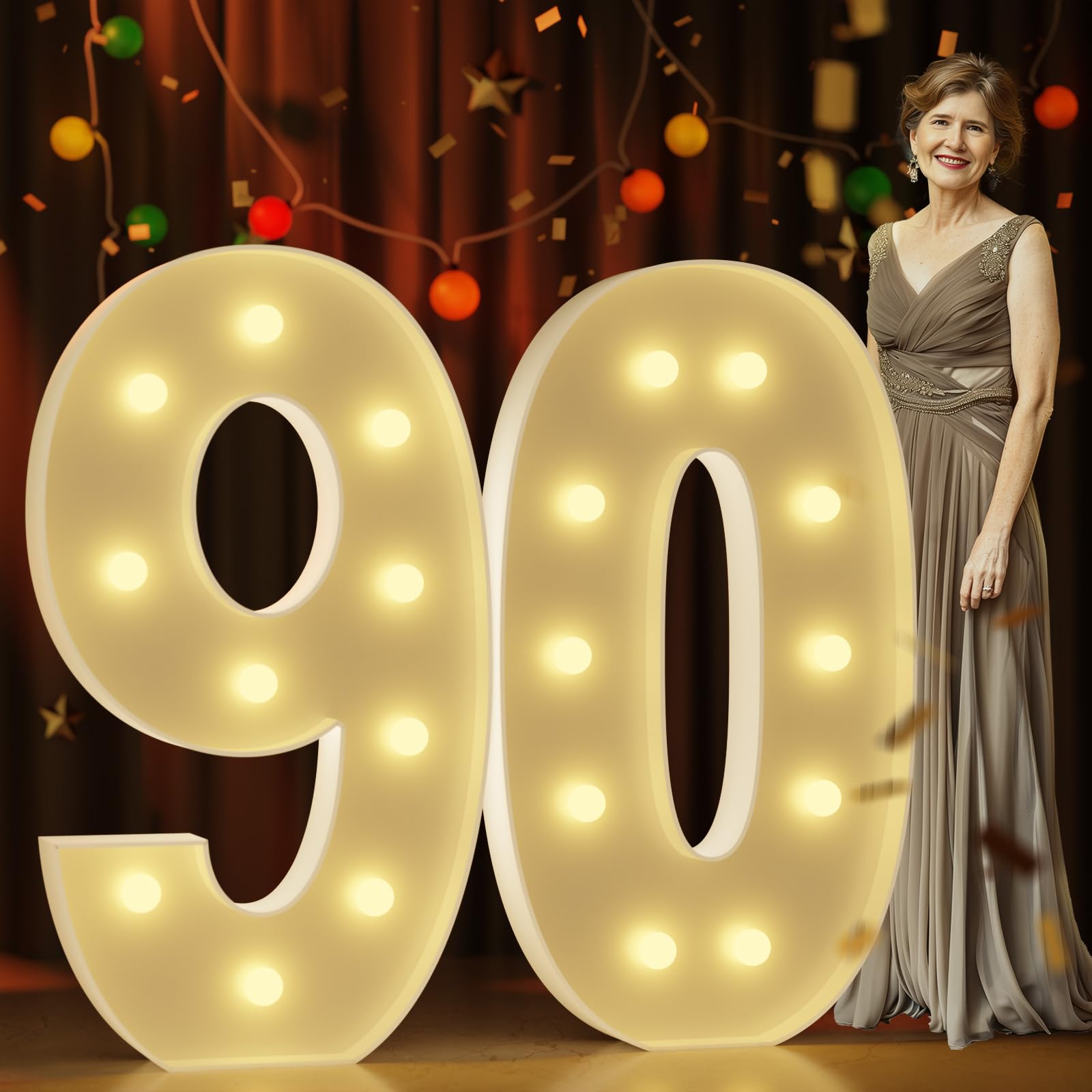 Marquee Numbers 4 Feet Tall Large Light Up Numbers 90Th Birthday Decorations Women Men Big Yellow Light Outdoor Anniversary Decorations Balloon Arch Kit Party Backdrop 90