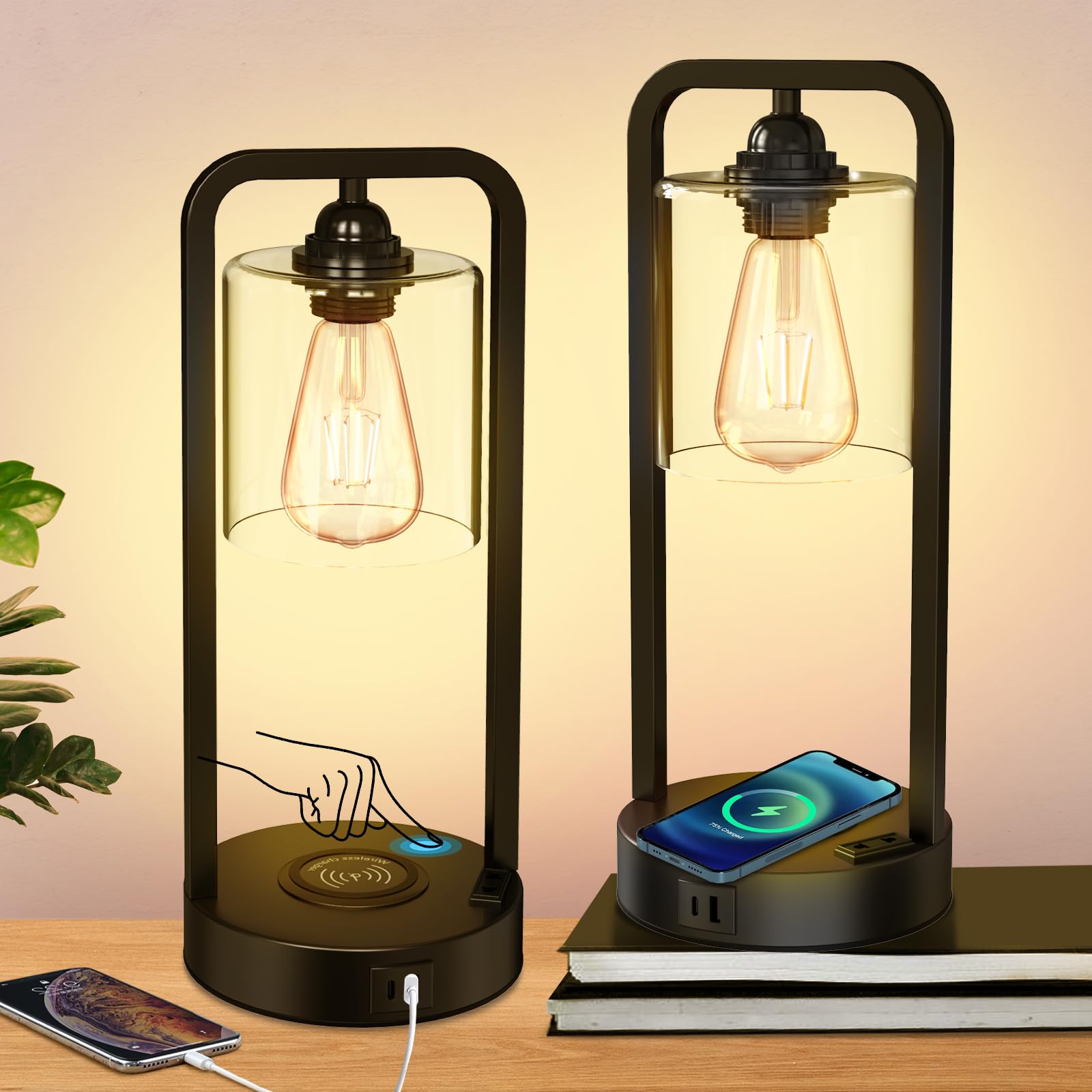 Wireless Charging Table Lamp For Bedroom Set Of 2, Touch Control Dimmable With Type C Usb Ports & Ac Outlet Bedside Nightstand Lamp, Glass Shade Industrial Desk Lamp For Home Office, Bulbs Included