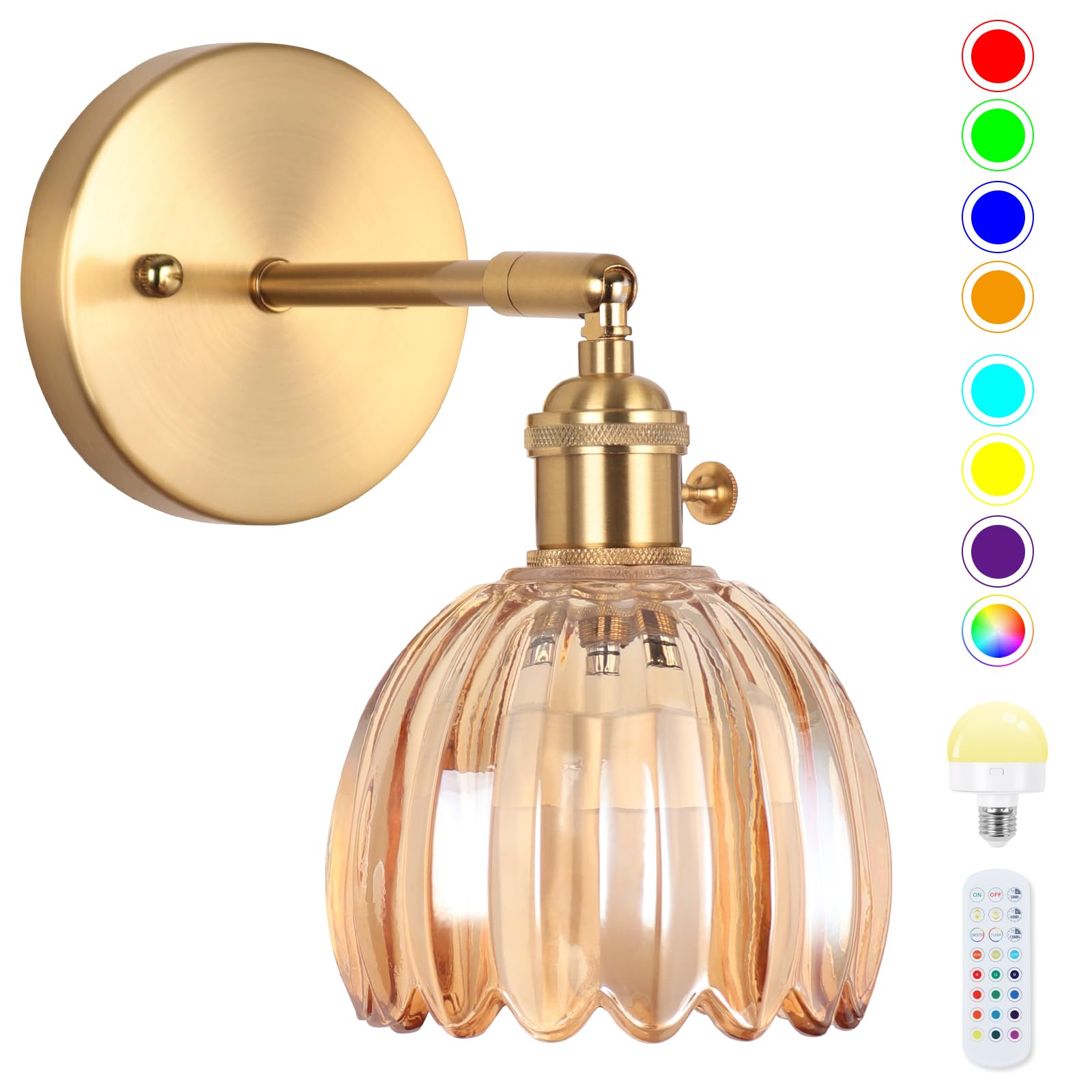 EIDEARAY Battery Operated Wall Sconce, Vintage Amber Tulip Glass, Remote Control, Model YLC-BRO3TB, Ideal for Bedroom and Living Room