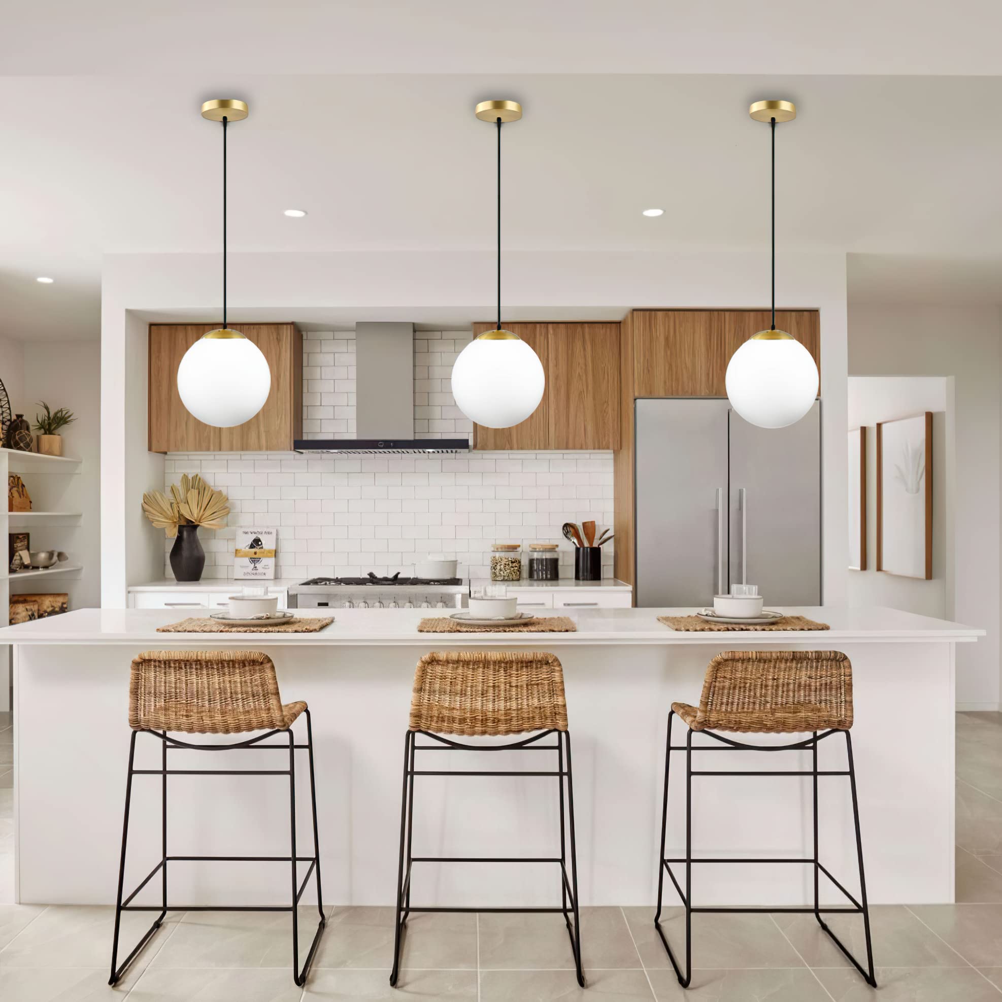 Koko&Yukina Modern Globe Pendant Light, Opal & Brass, 8&quot; Adjustable Fixture For Home Decor