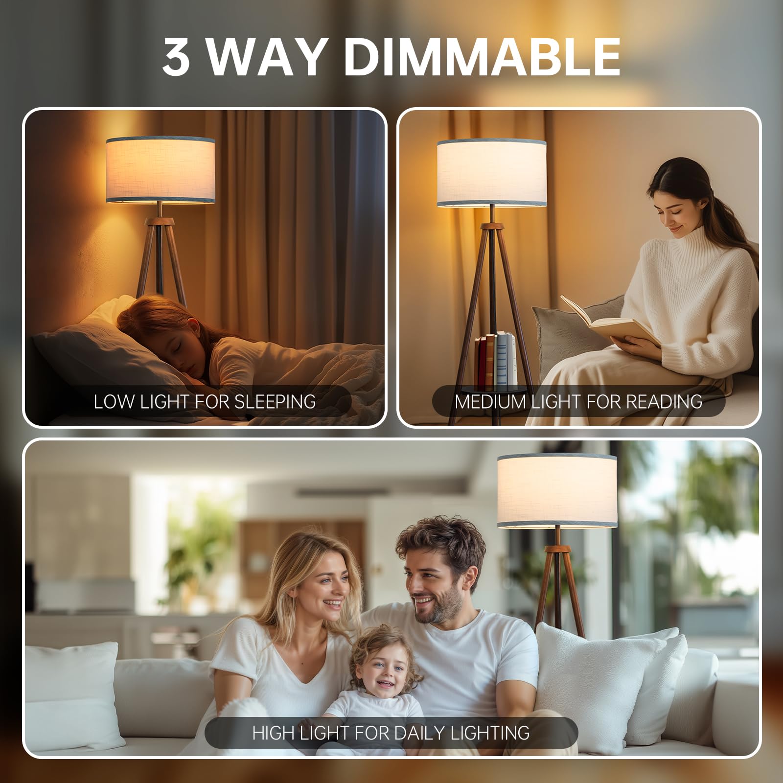 Eoeyyoyb Floor Lamp With 3 Light Modes Adjustable- Wood Tripod Floor Lamp Modern Led Standing Lamps With Dimmable Brightness, Pe