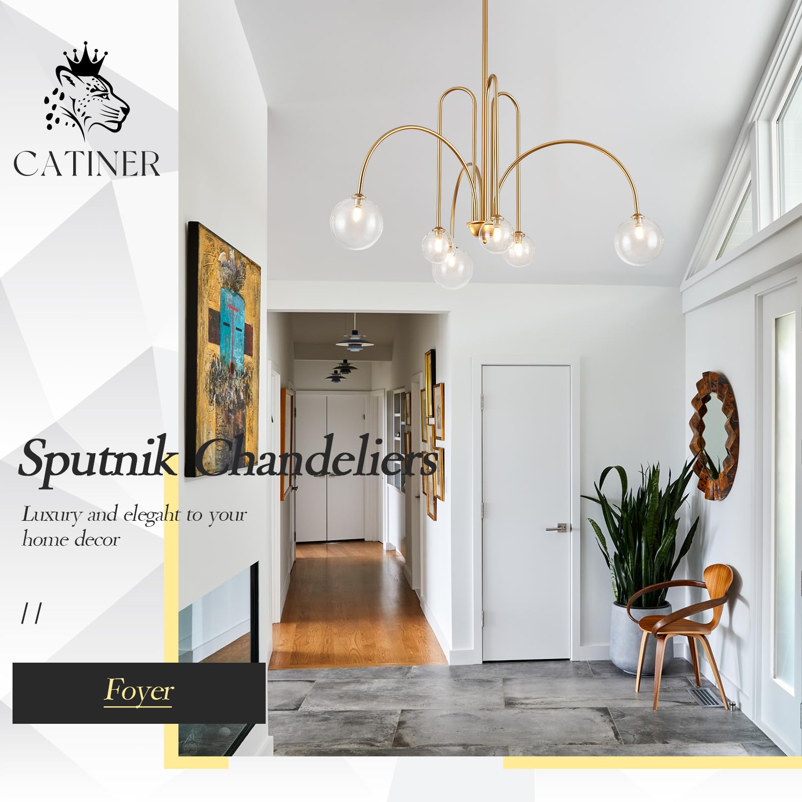 Catiner Gold Sputnik Chandelier,6 Lights Large Modern Chandelier L40”Mid Century Long Ceiling Pendant Light Fixtures For Dining Room With Clear Glass Globe Shades For High Ceiling Foyer Living Room