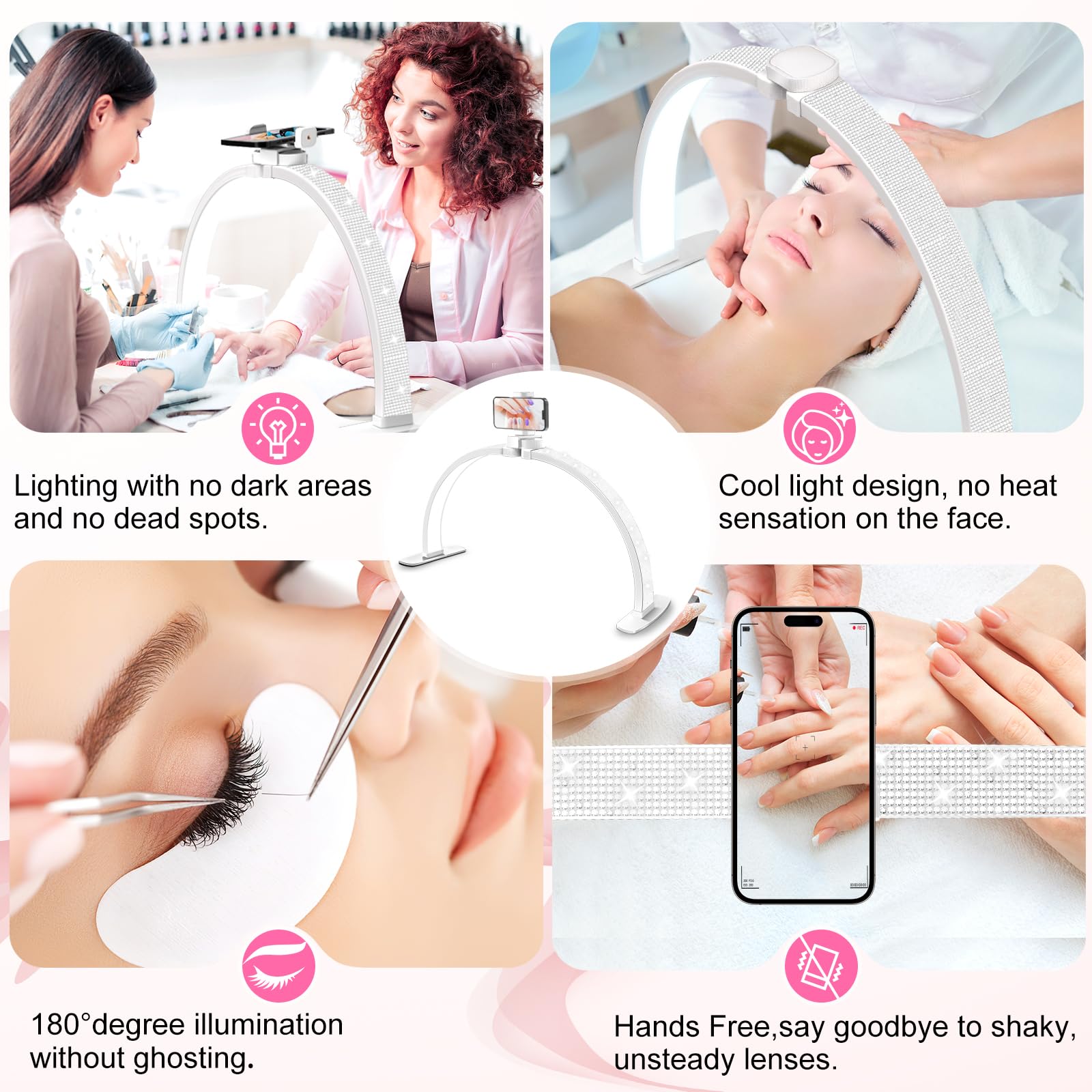 Uiopy Nail Half Moon Light: Arch Rhinestone Led 29In Moonlight With Phone Holder Stand 3 Light Colors /10 Brightness Levels - Pr