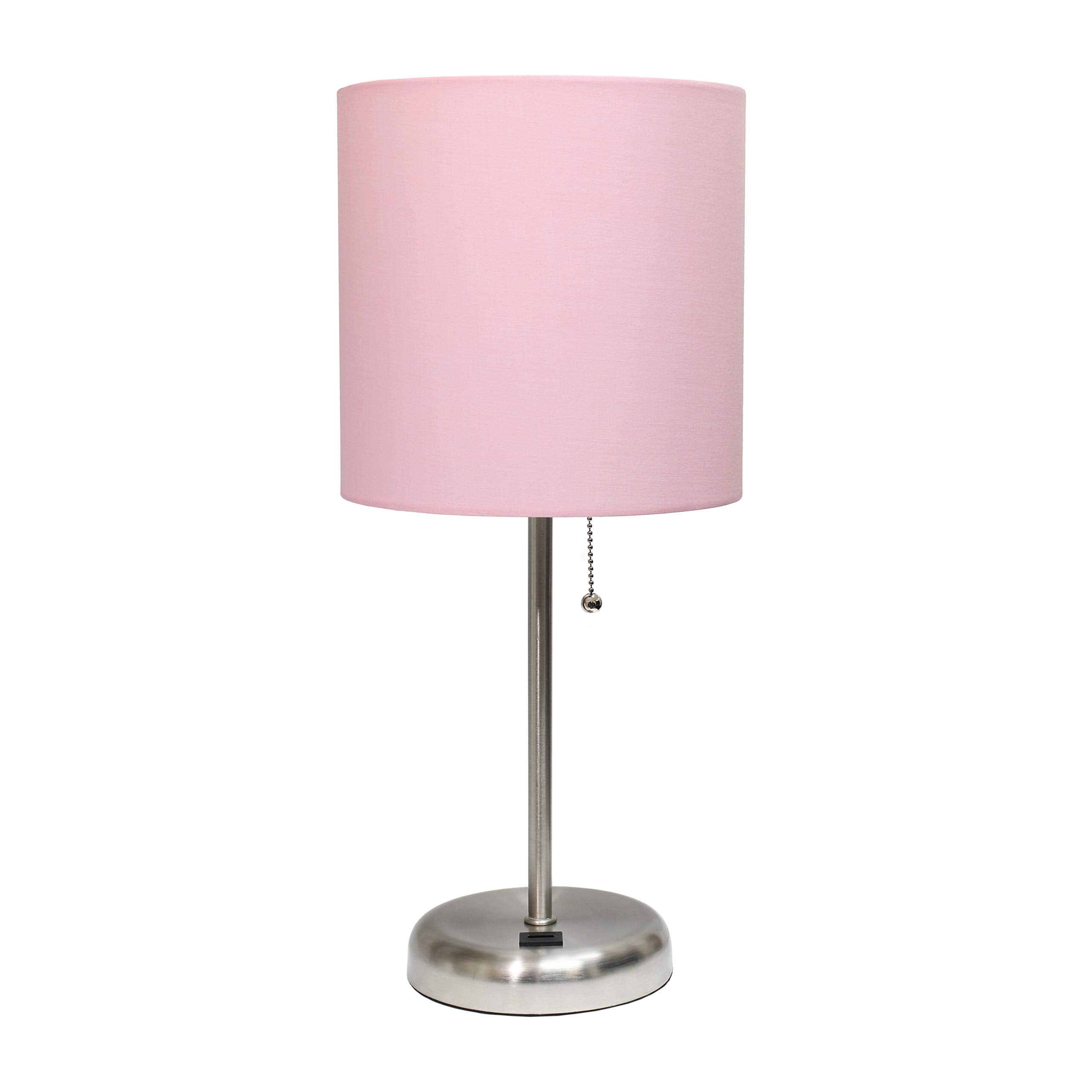 Simple Designs Lt2044-Lpk Brushed Steel Stick Table Desk Lamp With Usb Charging Port And Drum Fabric Shade, Light Pink Shade