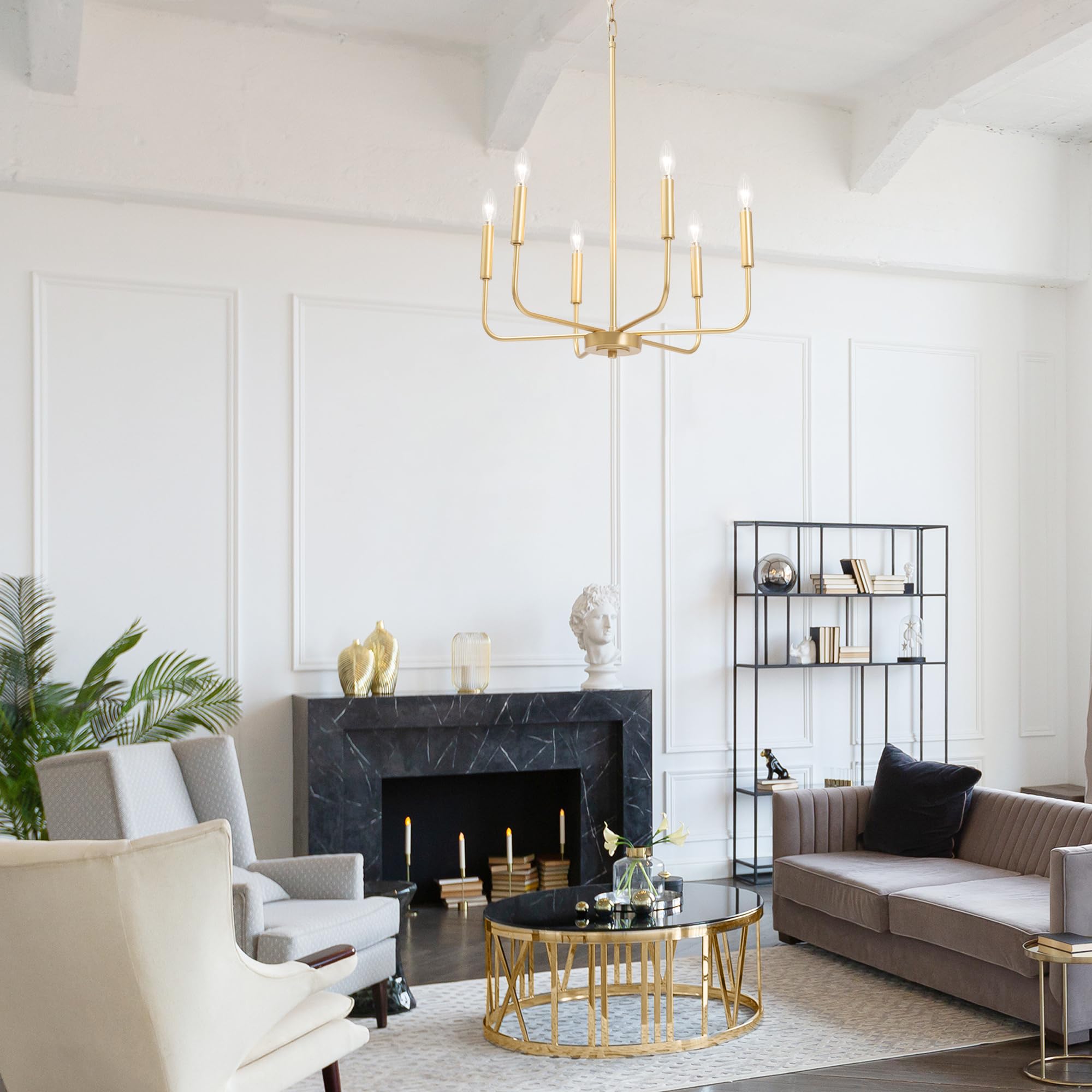 Laluz Gold Chandelier, 6-Light Modern Farmhouse Dining Room Chandelier Over Table, 19.7'' Candlestick Chandeliers Hanging Light