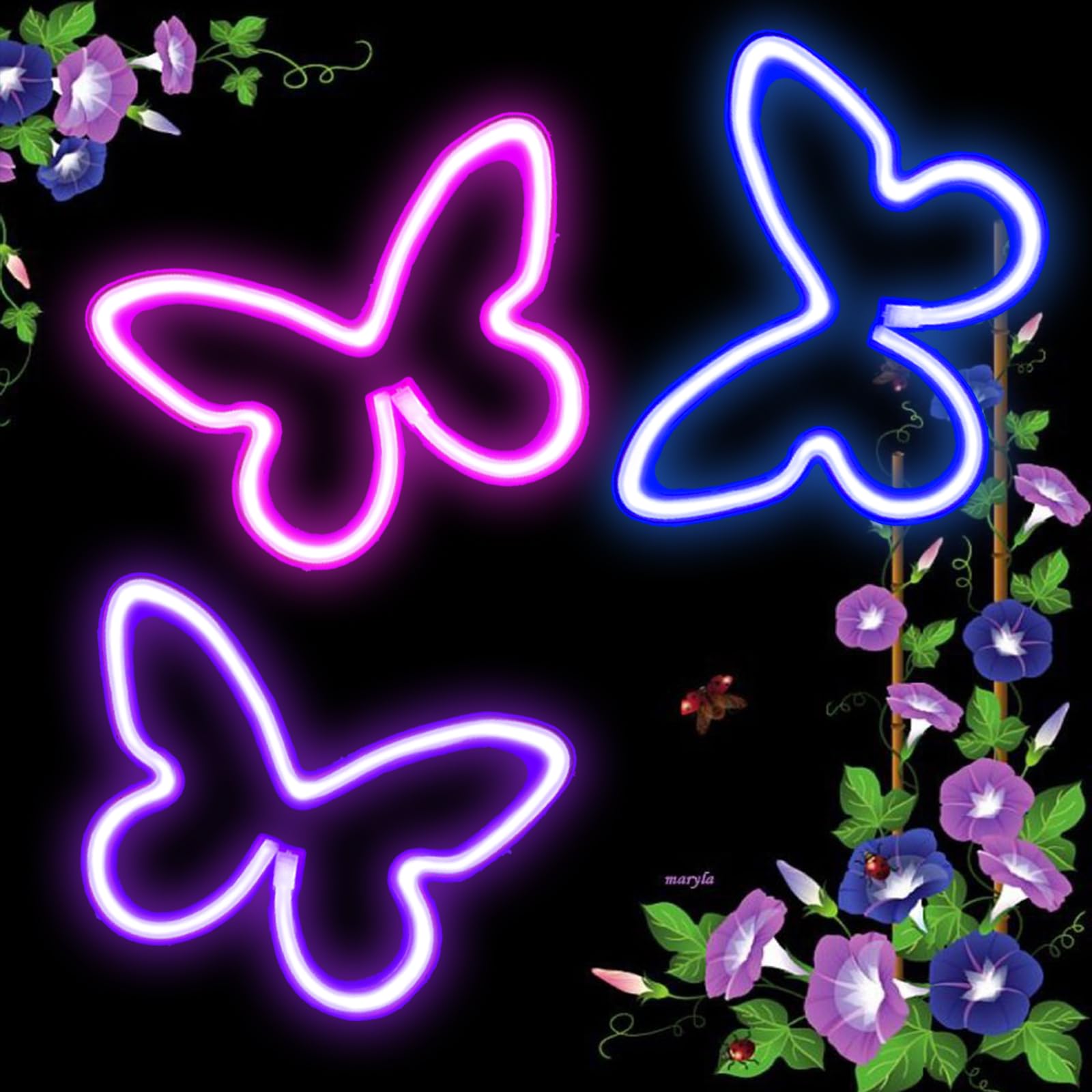 UrsaMajor Neon Sign 3 Pack - USB/Battery Operated LED Light, Plastic, 8.86x6.3 inches, Purple Blue Pink, Model b-zlf-2