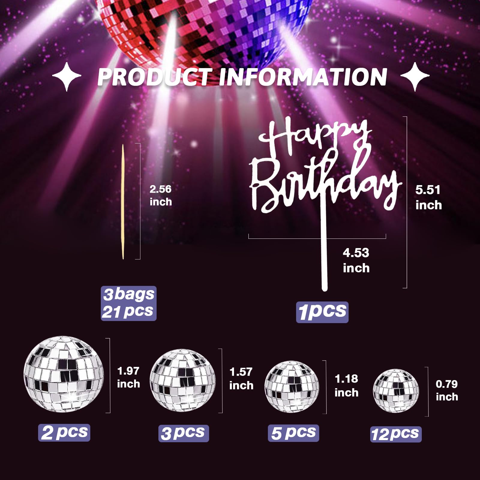 23Pcs Disco Ball Cake Toppers Silver Disco Balls Cake Cupcake Decorations With 22Pcs Mirror Balls And 1Pcs Happy Birthday Cake Topper For 70S 80S 90S Disco Music Dance Themed Party Decoration Supplies