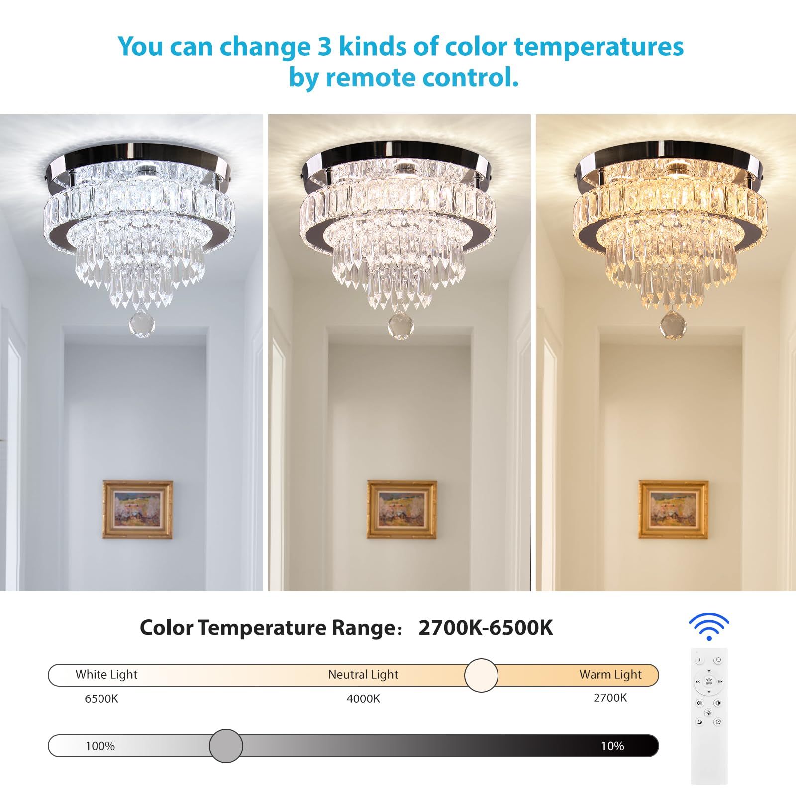 Cainjiazh Crystal Chandelier - 11.8" Dimmable Flush Mount Ceiling Light, Stainless Steel & LED, Remote Control, Ideal for Dining Room & Living Room