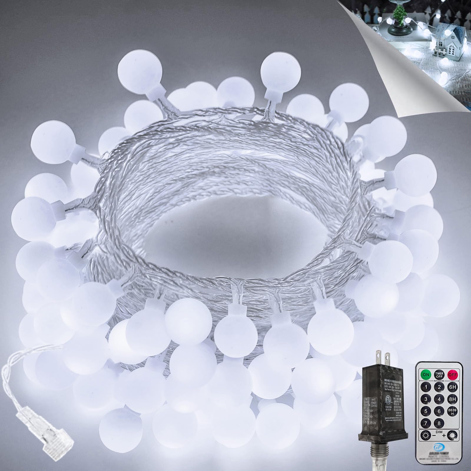 LORRYTE 100 LED Connectable String Lights, Cool White, 43ft with Remote & Timer, Waterproof Globe Fairy Lights for Indoor Outdoor Decor