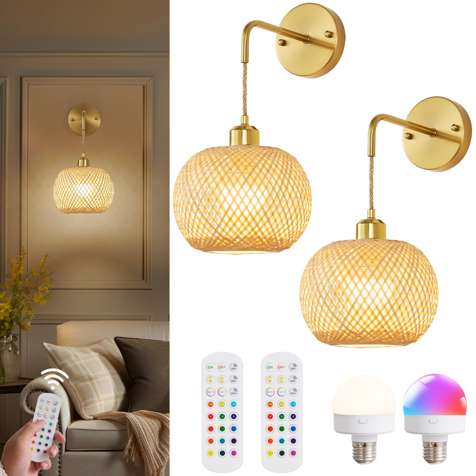 Vitnucrol Gold Battery Operated Wall Sconces Set Of 2 With Remote, Rechargeable Rattan Battery Powered Wall Lights/Lamps, Wireless Boho Lighting Fixtures For Bedroom Farmhouse, 15 Colors Dimmable