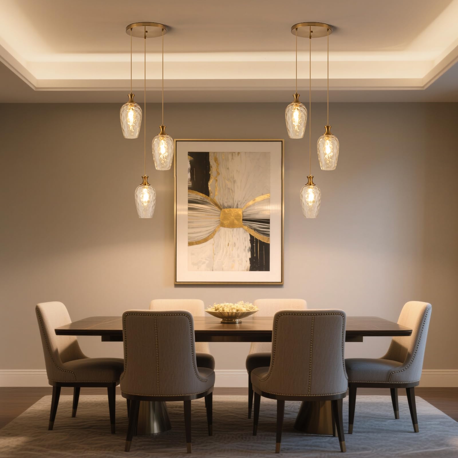 Saduenfr 3-Light Pendant Lighting  Modern Brushed Gold Dining Room Chandelier Light Fixture Over Table With Hammered Glass  Brass Cluster Hanging Lights For Kitchen Island Dining Room Bedroom  E26