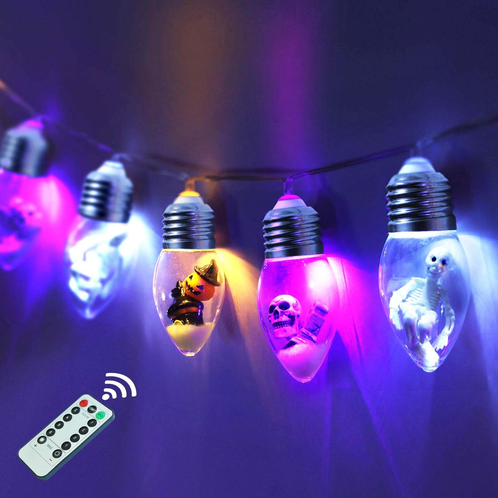 Halloween Bulb String Lights Decorations, Battery Operated Powerd 8.2 FT 12 LED Orange Purple White Skeleton Pumpkin Tombstone Spooky Cute Timer 8 Lighting Modes Twinkle Indoor Outdoor Window Decor