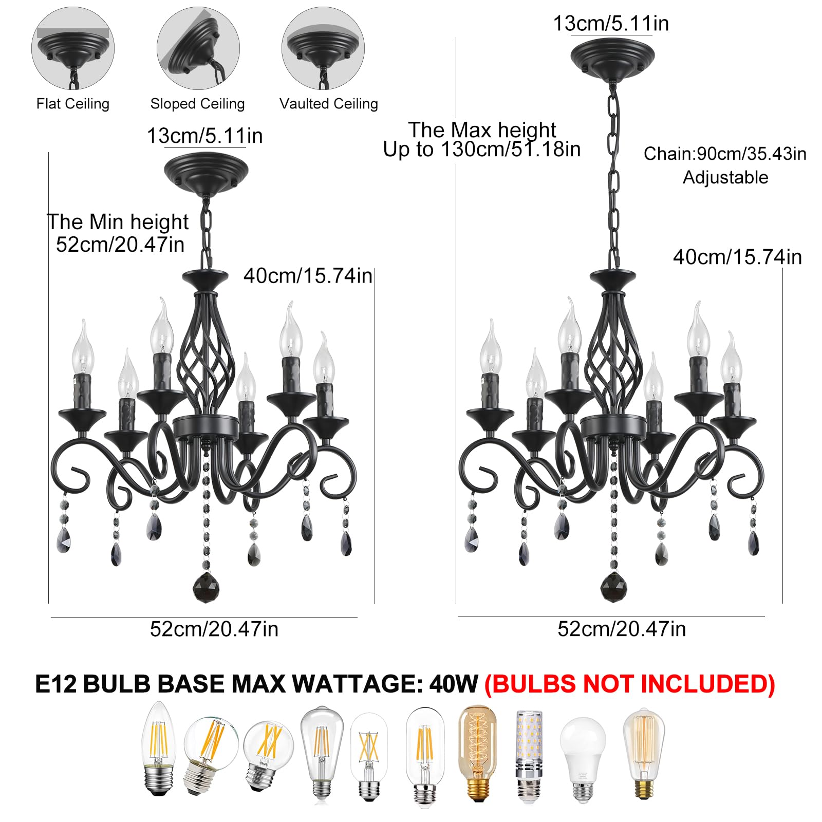 Ganeed 6-Light Black Crystal Candle Chandelier, Rustic Iron Pendant Light Fixture for Living Room, Dining Room, Bedroom, Model 058-6B