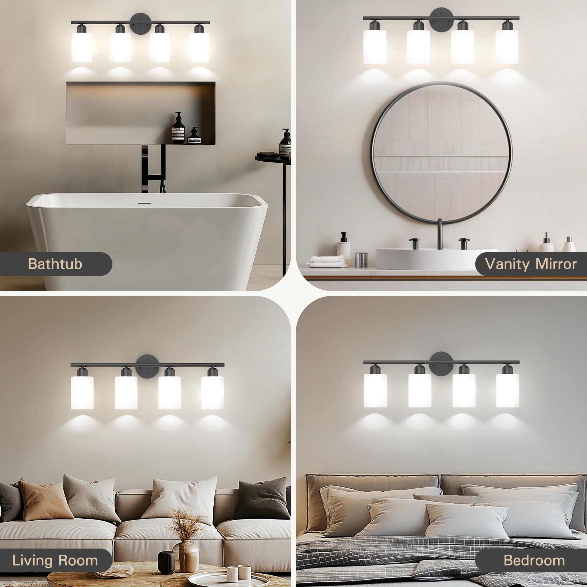 Espird 4-Lights Bathroom Light Fixtures, Matte Black Vanity Lighting, Textured Frosted Opal Shades, Model L01-4-BK-W
