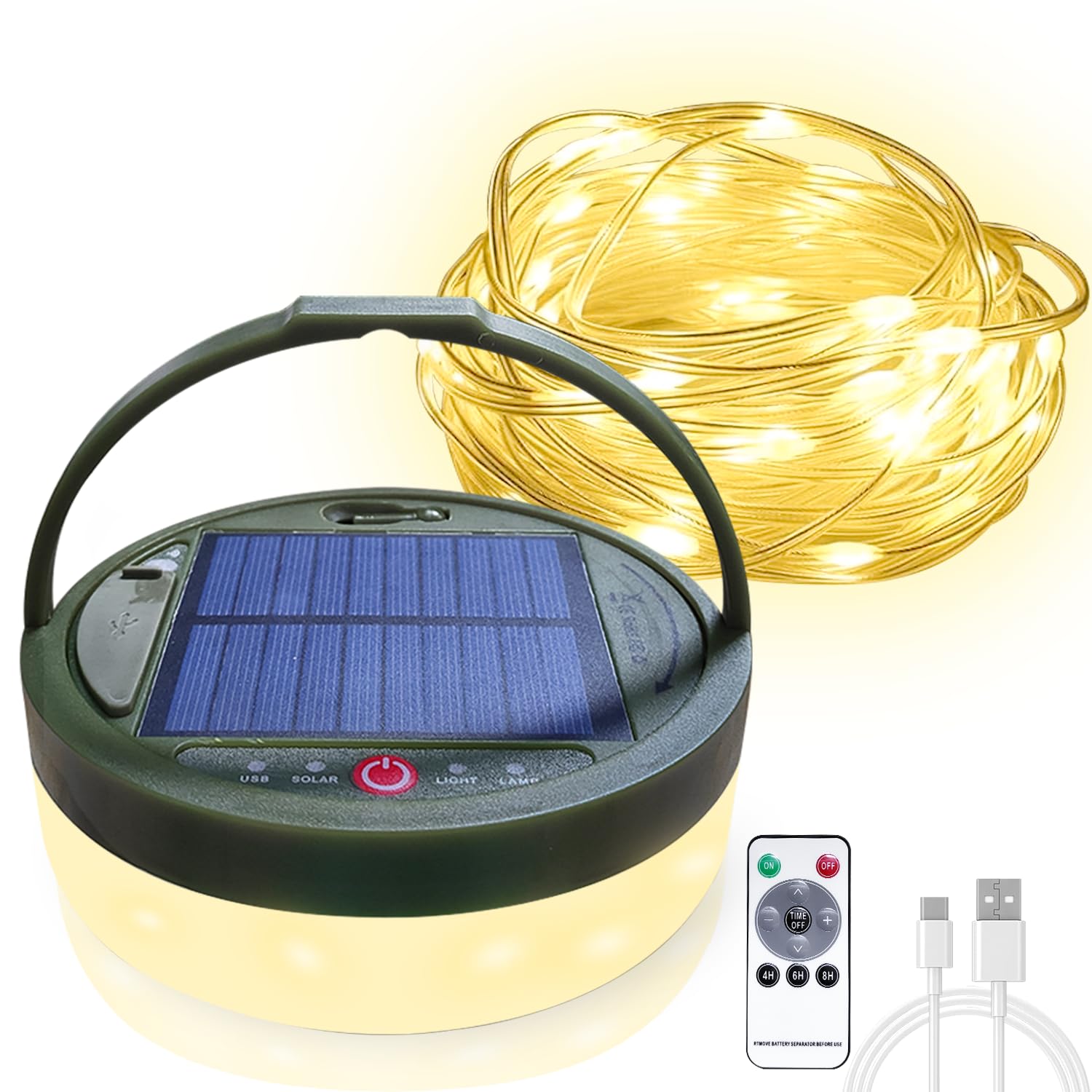 SWEALEER Camping String Lights, 39Ft Solar & USB Rechargeable, Green, IP44 Waterproof, Remote Control, 5 Lighting Modes