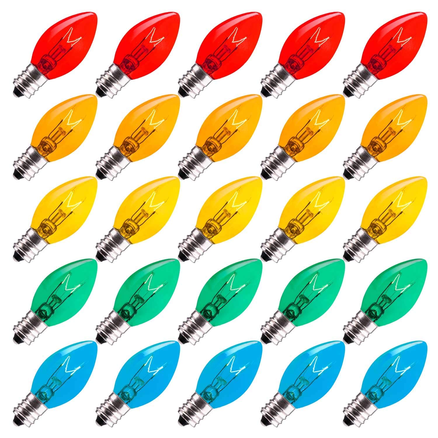 Minetom C7 Christmas Light Bulbs 50 Pack, Clear Incandescent, E12 Base, 5 Watt, Multi-Colored