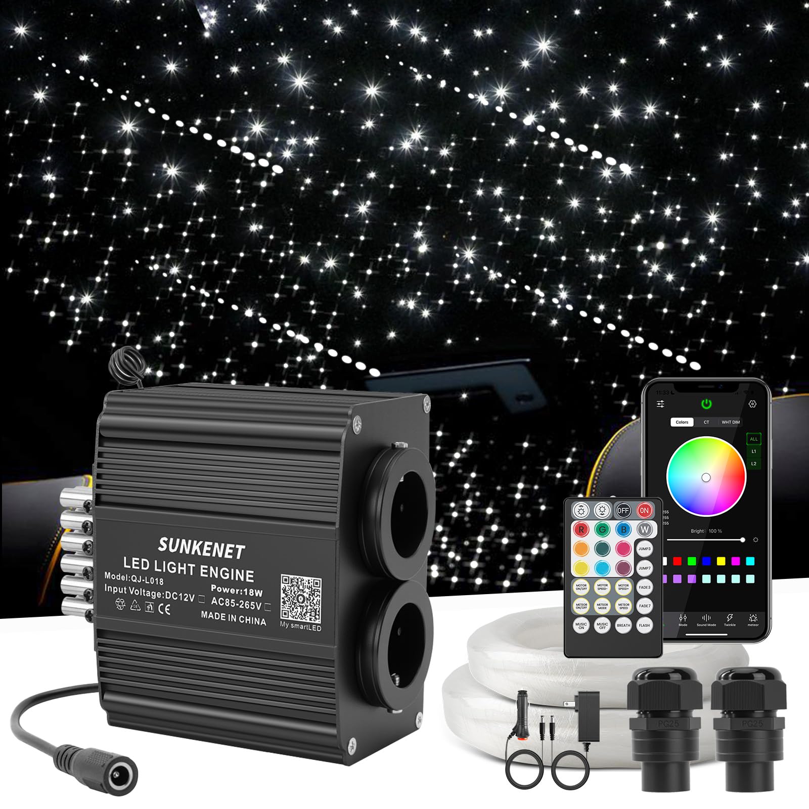 SUNKENET 18W Twinkle&Meteor 2 in 1 RGBW Starlight Headliner Kit  800pcs*0.03in*9.8ft+96pcs Shooting Star Lights for Car/Home Ceiling  Fiber Optic Lights with Bluetooth APP/Remote Control/Music Effect